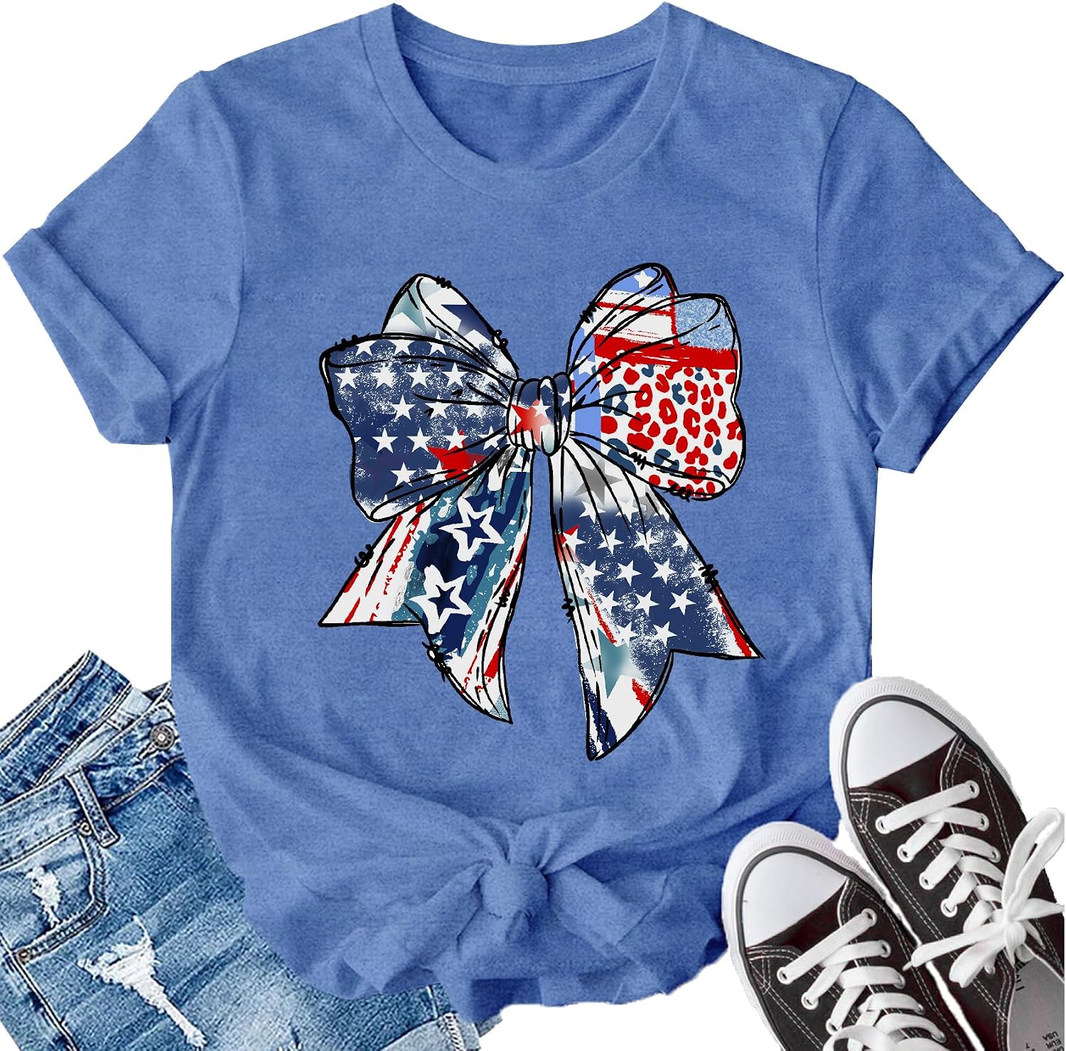 LBP American Flag Shirt Women USA Bow Flag Shirts Patriotic T-Shirts Happy 4th of July Tee Tops