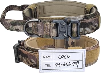 Tactical Dog Collar with Name and Phone Number Patch, Heavy Duty Military Training Collar with Control Handle, Adjustable Quick Release Buckle, for Large Medium Dogs Camo Brown, L