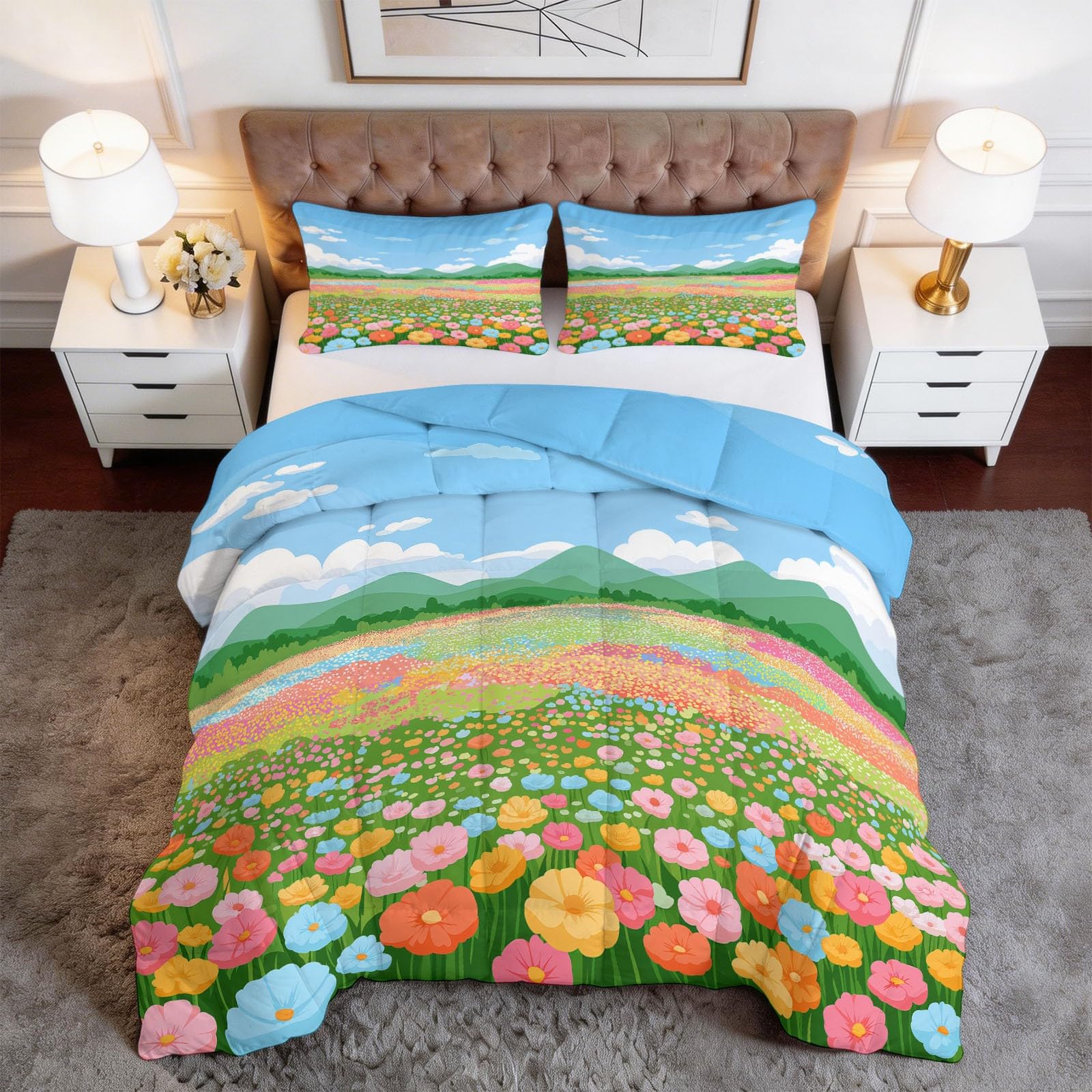 Couette sans housse 220x240 cm pour lit 2 personnes décor bleu onirique mer de fleurs