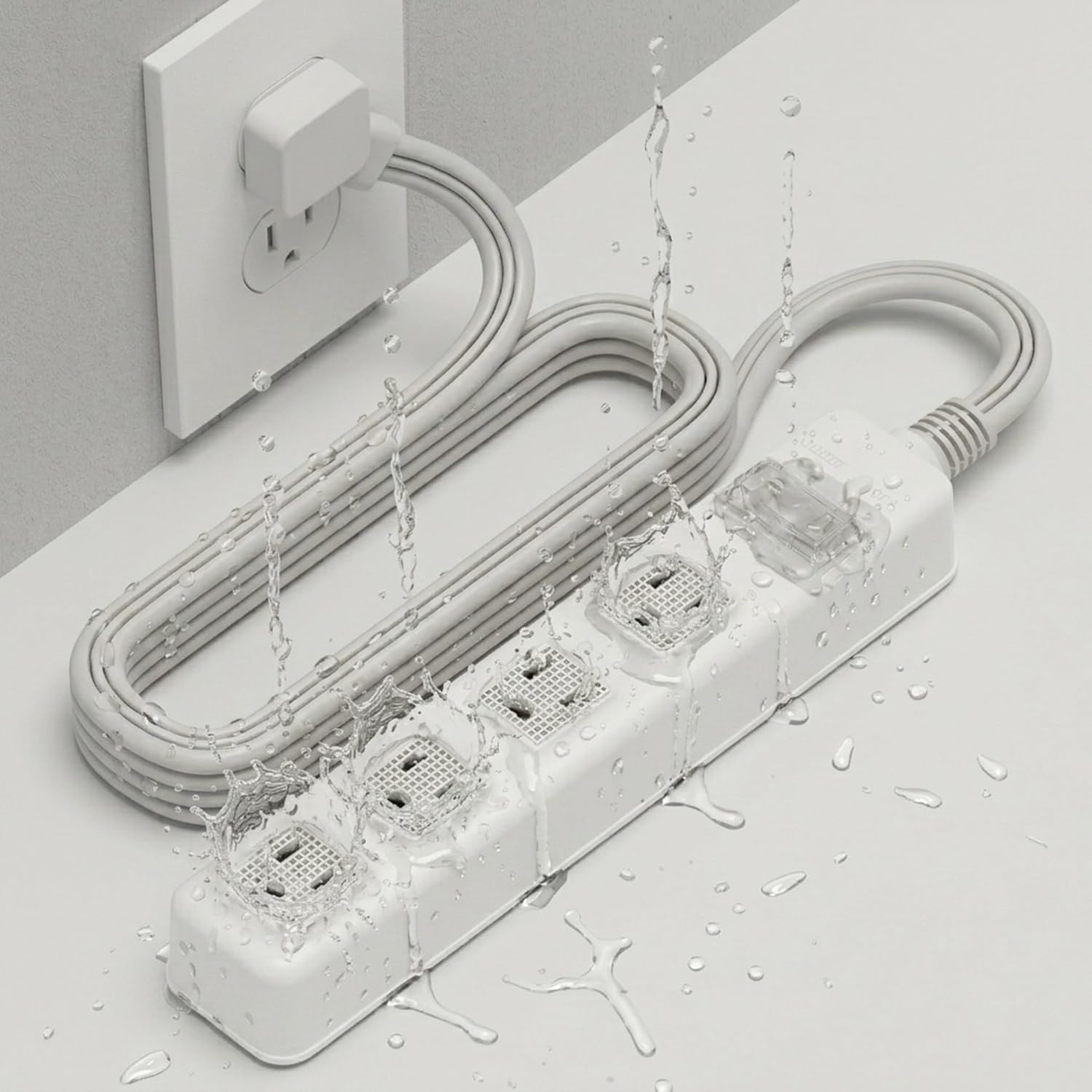 Auto Shut-Off Safety Power Strip, IPX4 Waterproof, Electrical Safety, Patented, ETL Listed, 4 Outlet Flat Plug, White,5ft Cord, V0 Fire-Retardant, Overload Protection, Home & Kitchen Daily Use, S.O.V