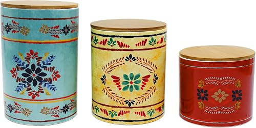 Paseo Road Bonita Talavera Western Canister Sets for Kitchen Counter, Set of 3 Kitchen Canisters for Countertop, Floral Pattern Southwest Rustic Ceramic Food Storage Jars with Lids