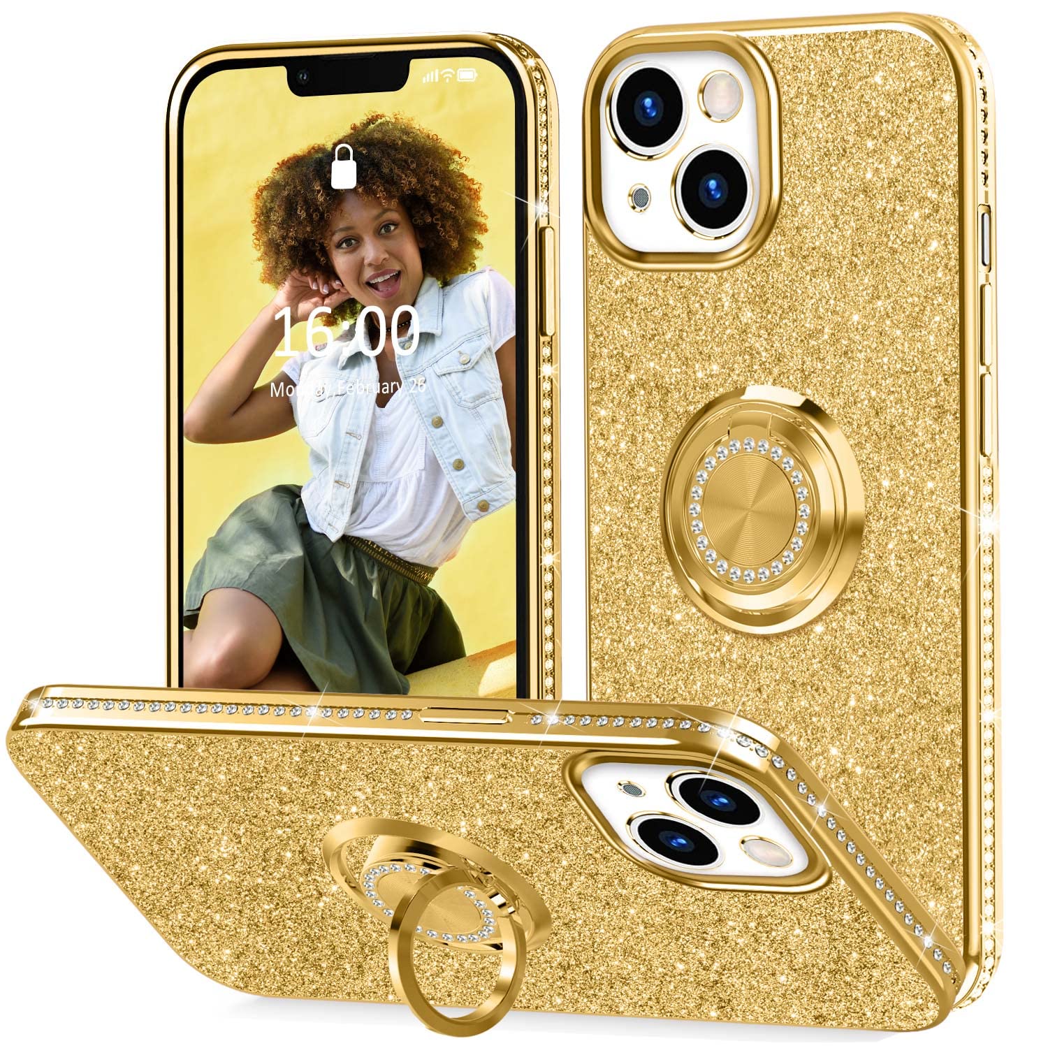 Thomo Compatible with iPhone 13 Case Glitter 6.1 inch,[Bling Kickstand] [Back with Camera Protection] Crystal Rhinestone Phone Case Ring Holder