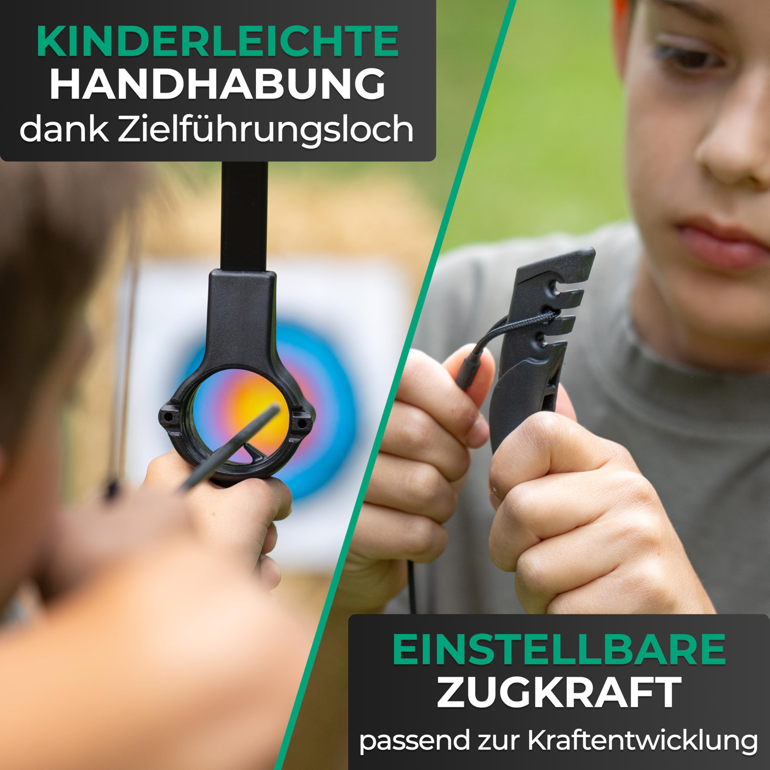 BOWRILLA® Pfeil und Bogen Kinder Sportbogen Set mit Saugnapf-Pfeilen und Zielführung | 3-teiliger Takedown Recurvebogen für Rechts & Linkshänder