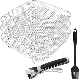 Air Fryer Accessories Stackable Rack Baskets Set of 3, Stainless Steel Square Baking Trays with Clip and Oil Brush for Instant Vortex, cosori Air Fryer, Ninja Foodi Grill, Multi-Layer Dehydrator Rack