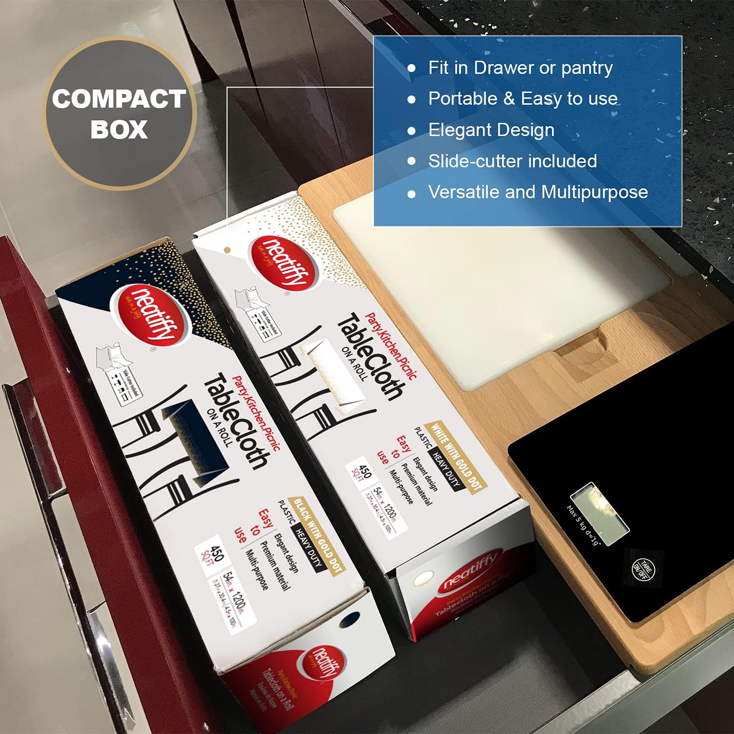 Neatiffy Disposable Plastic Table Cloth Roll with Slide Cutter | Waterproof Cover for Rectangle, Square, Oval Tables | Picnic, Party, Banquet, Birthdays, Weddings - White Gold Dots