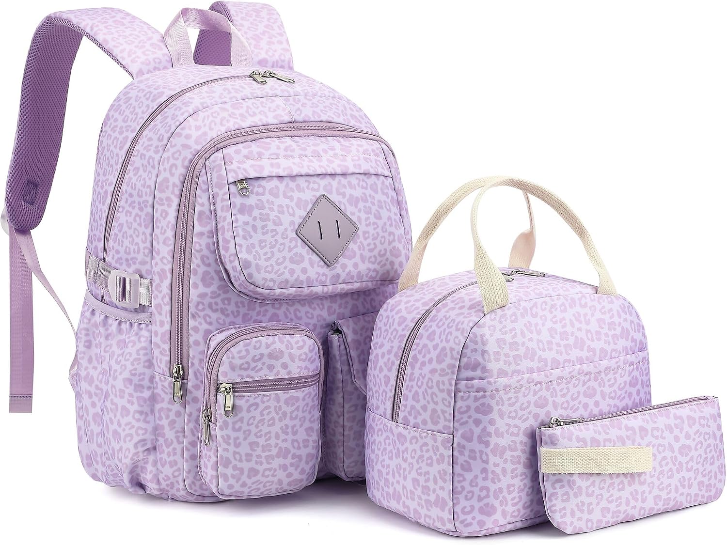 Girls Backpack Set for School Backpacks with Lunch Box Pencil Case 3 Piece Bookbags, Kids Elementary Teen Student Lightweight School Bag Set-Leopard Purple