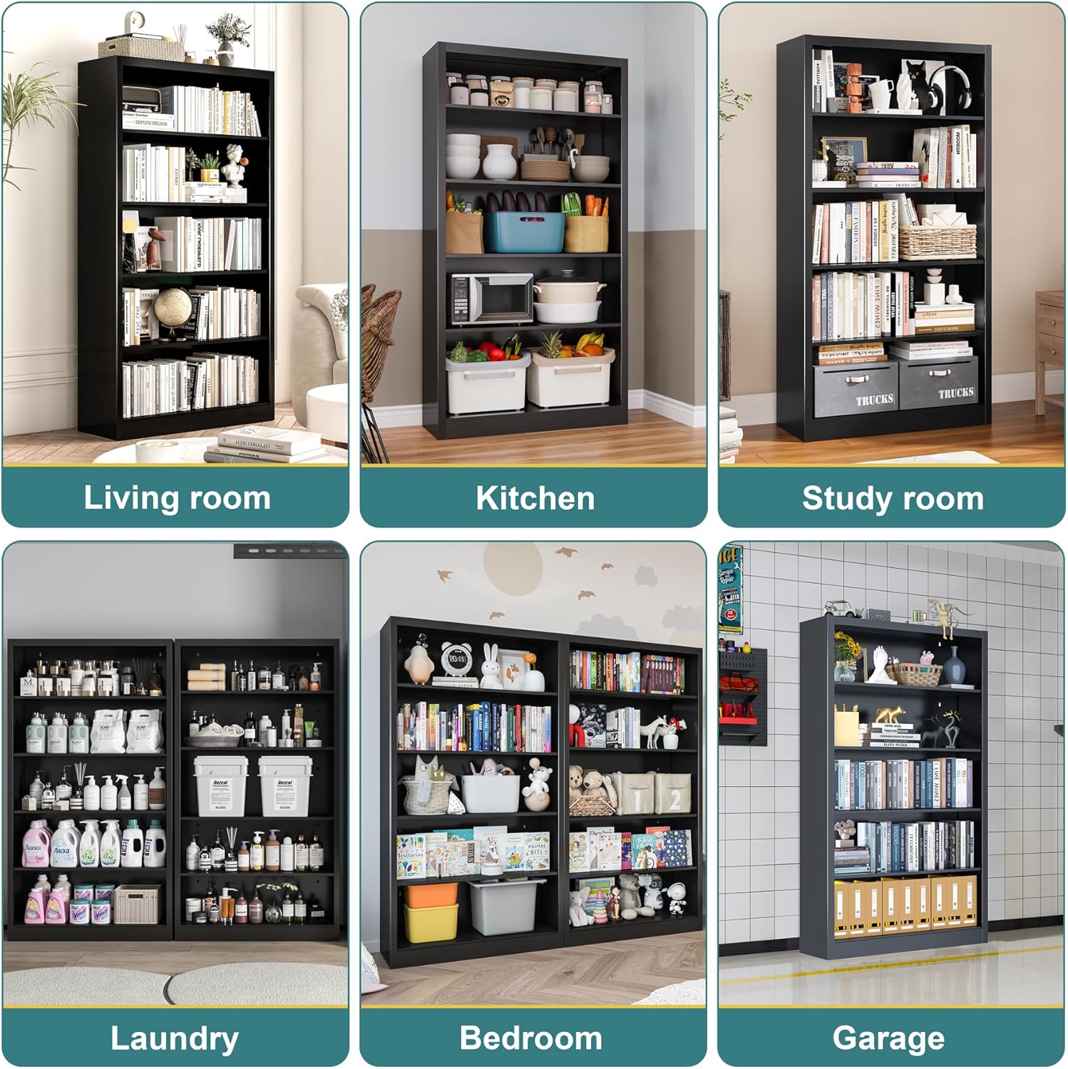 Metal Bookshelf, 66" H Tall Bookcase with Adjustable Storage Shelves, Heavy Duty Bookshelf for Storage, Large Bookcase for Library, Pantry, Office, Living Room, Black
