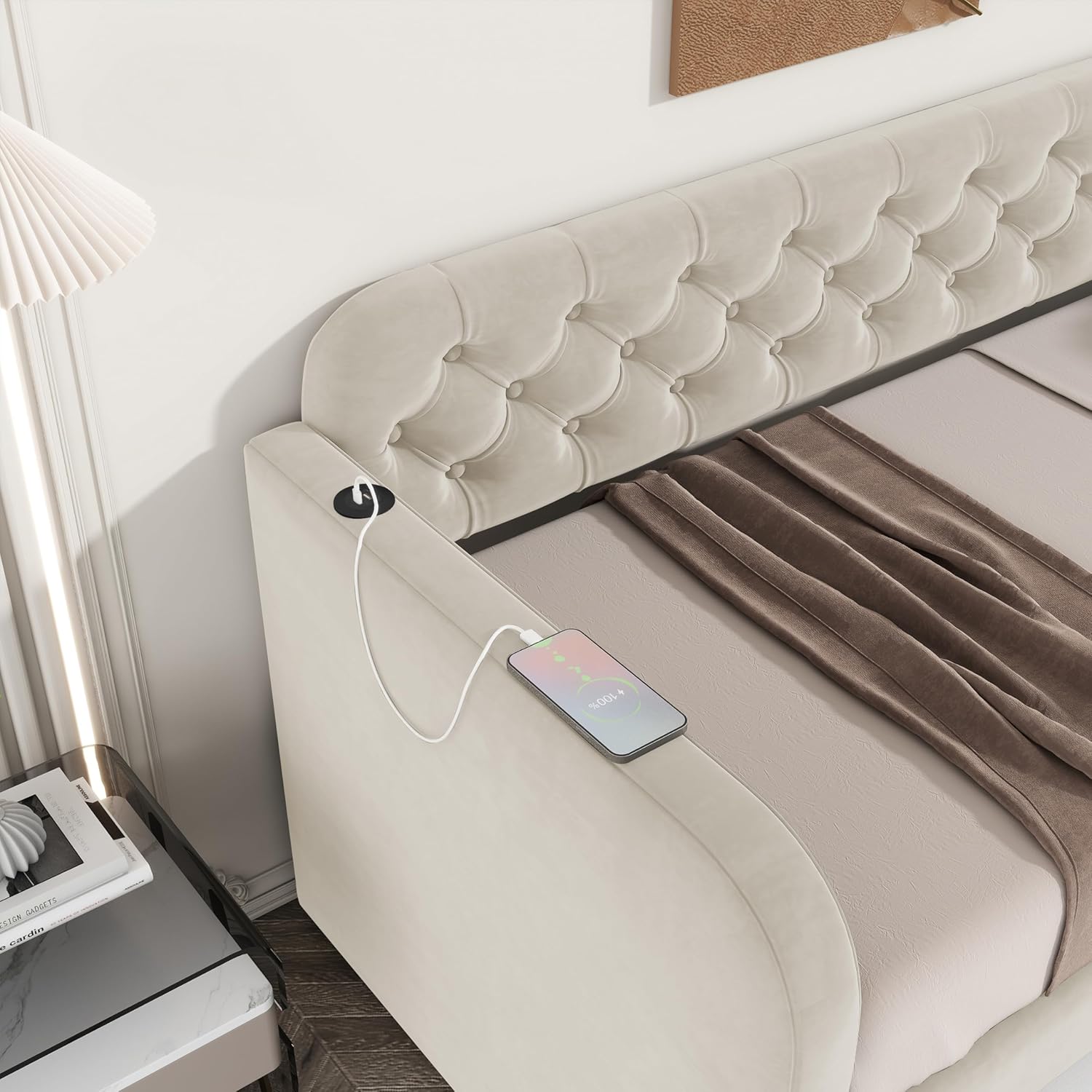 Twin Size Upholstered Daybed with Trundle and USB Ports, Modern Velvet Tufted Sofa Bed with Button on Back and Square Shape Arms for Bedroom Guest Room, No Box Spring Needed (Light Beige, Twin)