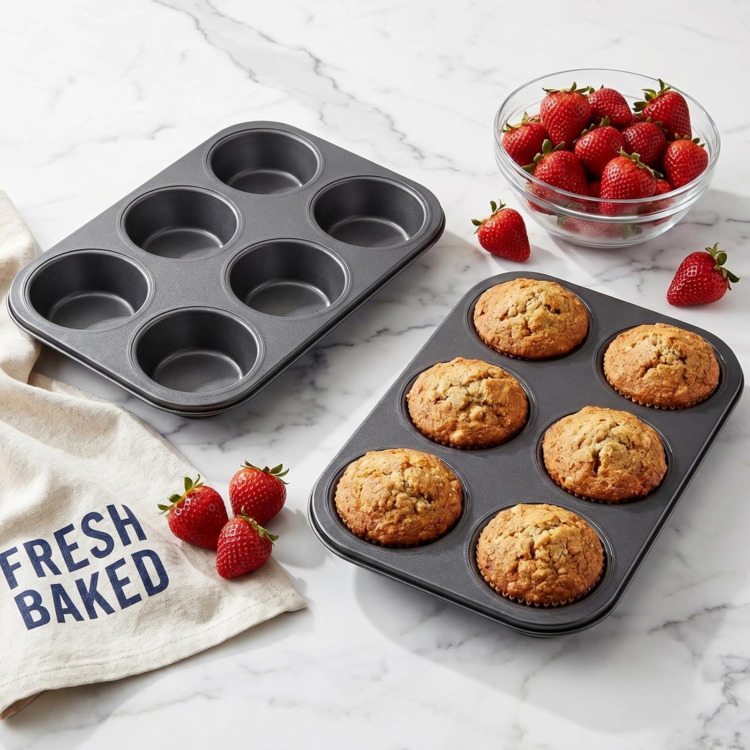 Jumbo Muffin Pan 3 Pack, Large Muffin Pan Nonstick 6 Cup, Carbon Steel Cupcake Pans for Baking, 3.3" Deep Cavity Muffins Tin, Black