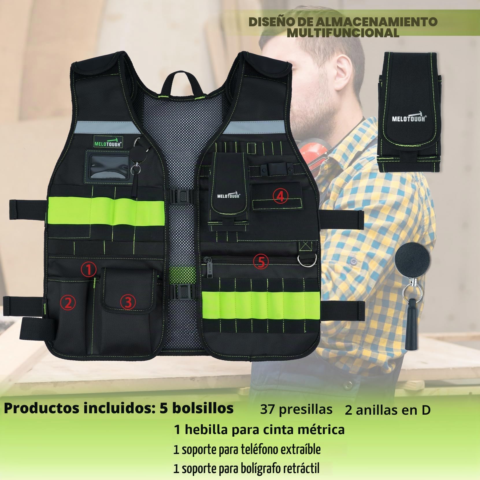 MELOTOUGH - Chaleco de trabajo de seguridad con correas ajustables, soporte extraíble para teléfono para electricista, construcción, carpinteros
