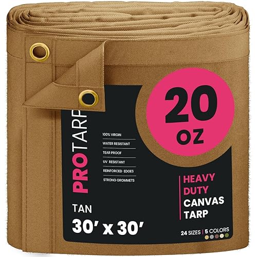 PROTARP Extreme Heavy Duty 20 OZ Water Resistant Canvas Tarp, UV Resistant Tarpaulin Cover with Rustproof Brass Grommets, Multipurpose for Canopy, Roof, Camping, Woodpile (Tan 30'X30')
