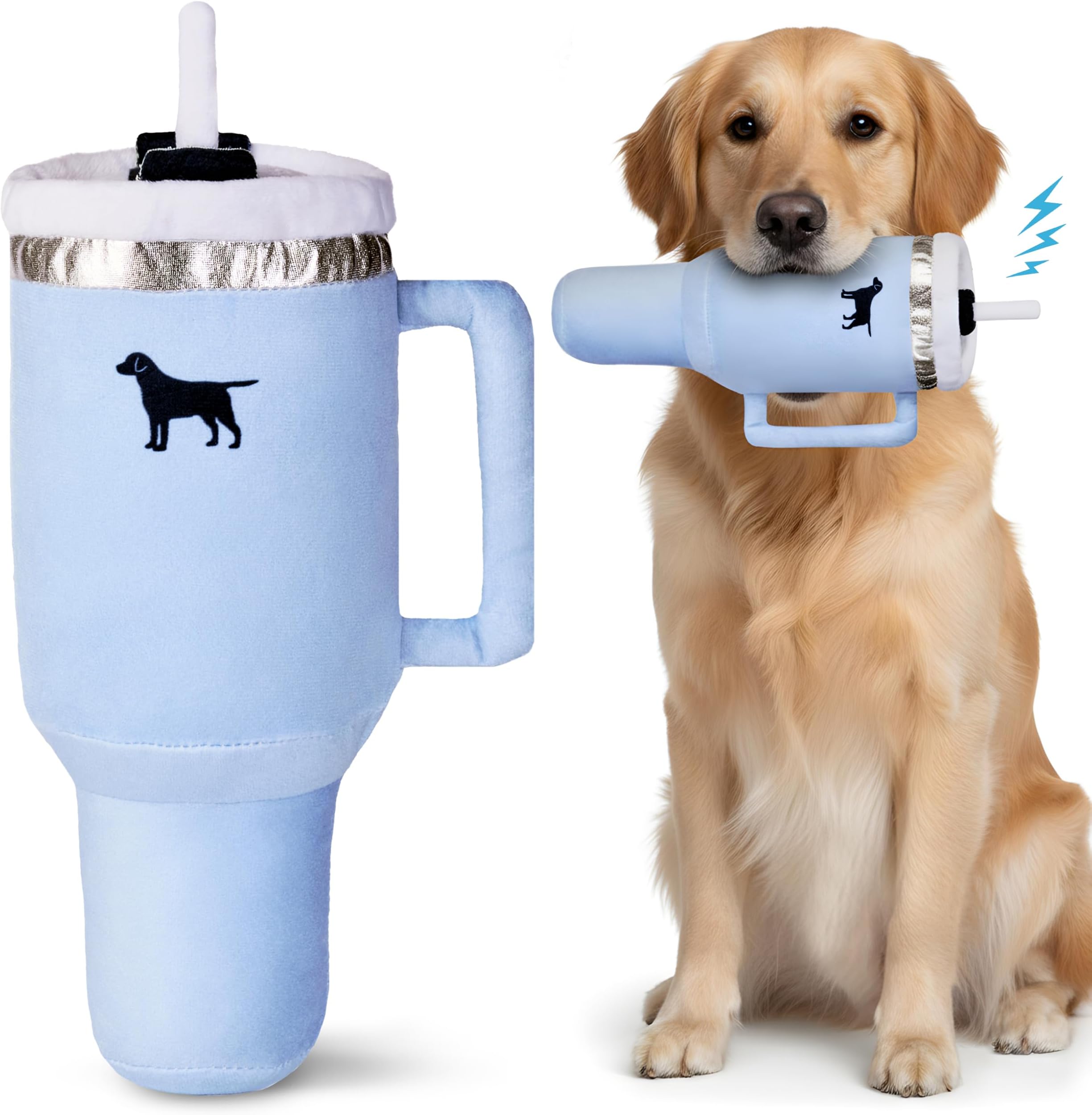 PUPROAR Pup Cup Tumbler Plush Dog Toy | Large Dog Toy Replica of Stainless Steel 30 oz Cup with Handle & Straw (Chambray Blue)