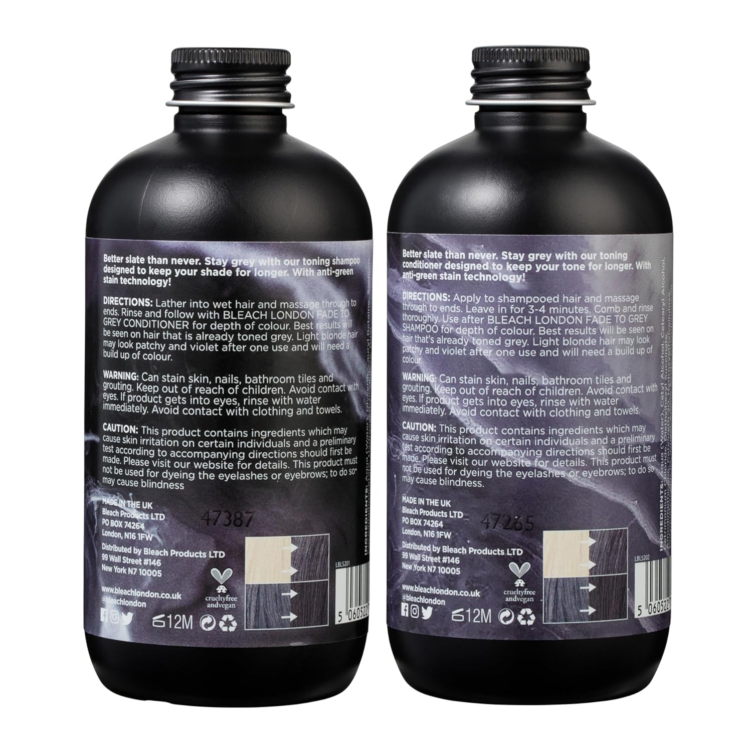 Bleach London Fade to Grey Toning Shampoo and Conditioner, Grey Colour Depositing Set for Bleached, Blonde or Grey Hair, Helps Build or Maintain Charcoal Grey Hair Colour, Paraben Free 2 x 250ml