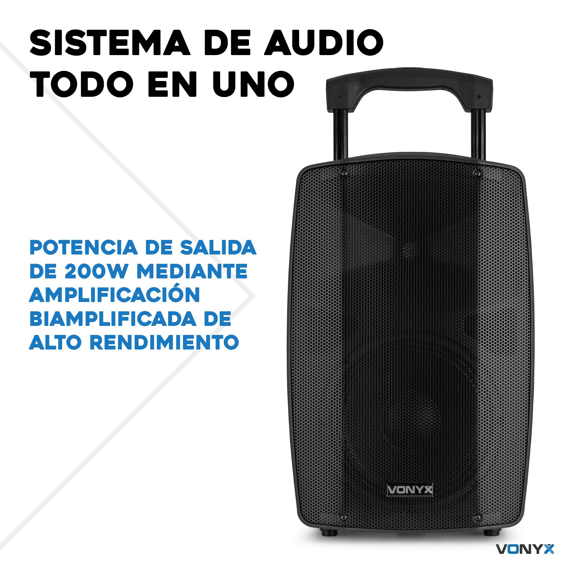 Vonyx VSP200 Altavoz Autoamplificado 200W con Batería, Bluetooth, Radio FM, USB/SD, Reproductor MP3 y 2 Micrófonos Inalámbricos – Sonido Portátil Recargable Ideal para Eventos, Fiestas o Exterior