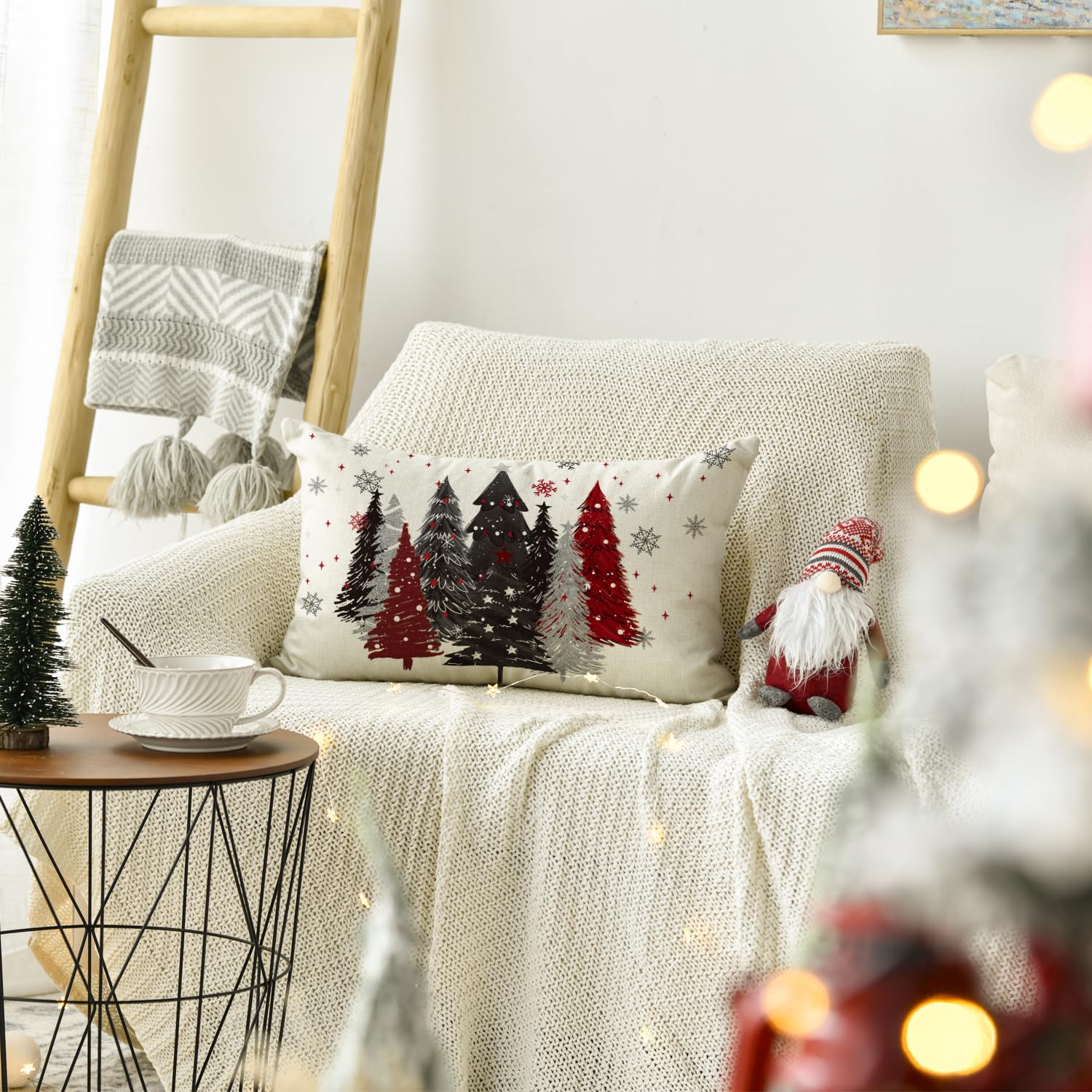 Funda de almohada con diseño de árbol de Navidad rojo y negro, 12 x 20 pulgadas, decoración de cojín de invierno para sofá 4