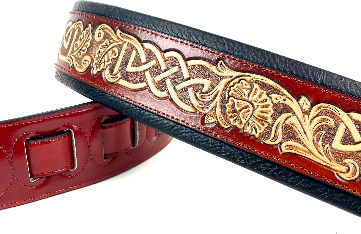 Walker & Williams KB-05-LBRN Bourbon Red Full Grain Center Block Carving Leather Padded Guitar Strap With Aged White Celtic Chain For Acoustic, Electric, And Bass Guitars