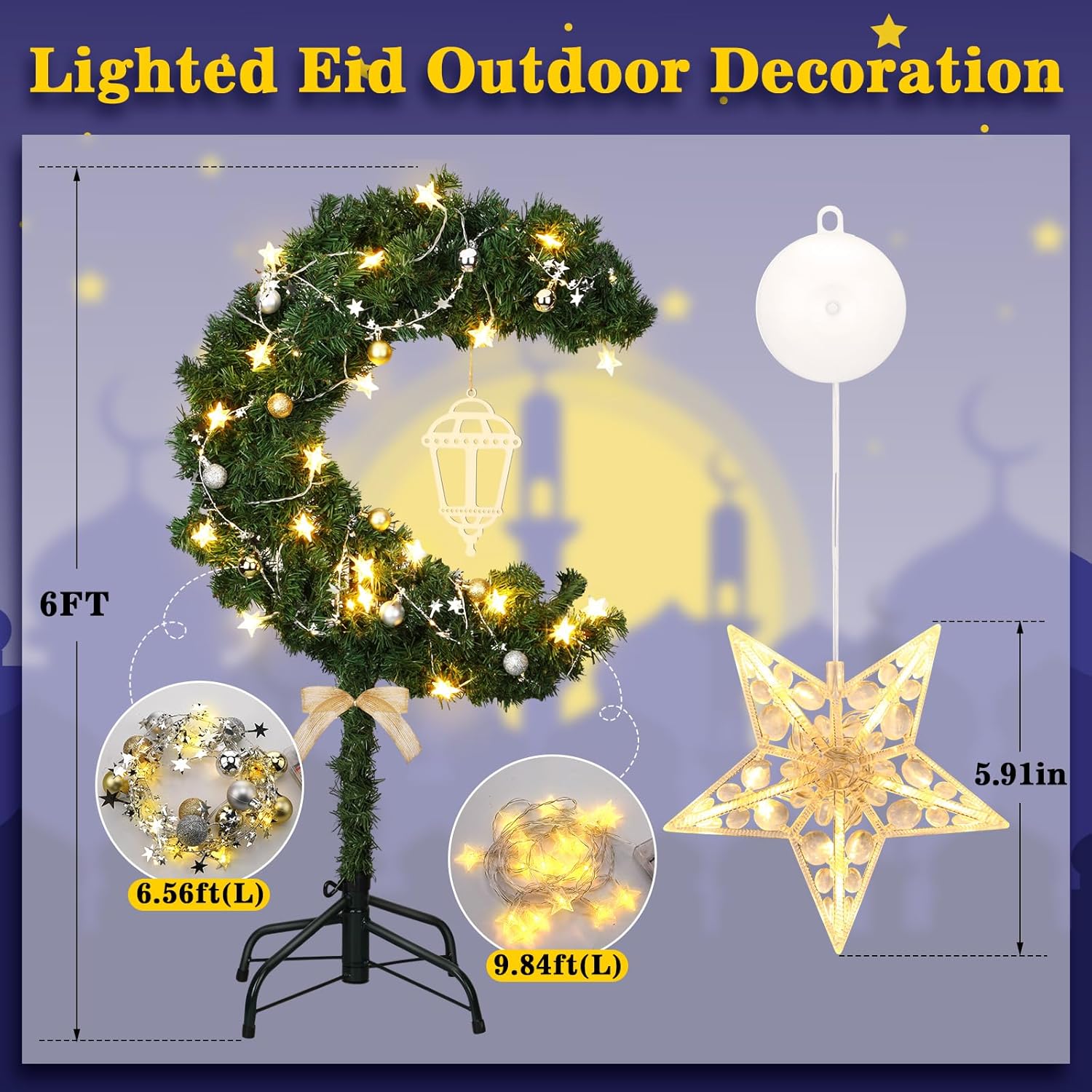 6ft Ramadan Moon Tree: Lighted Crescent Artificial Tree with Star String LED Eid Outdoor Decoration for Eid Ramadan Garden Home Bedroom Party Decor(Green) Green 6ft