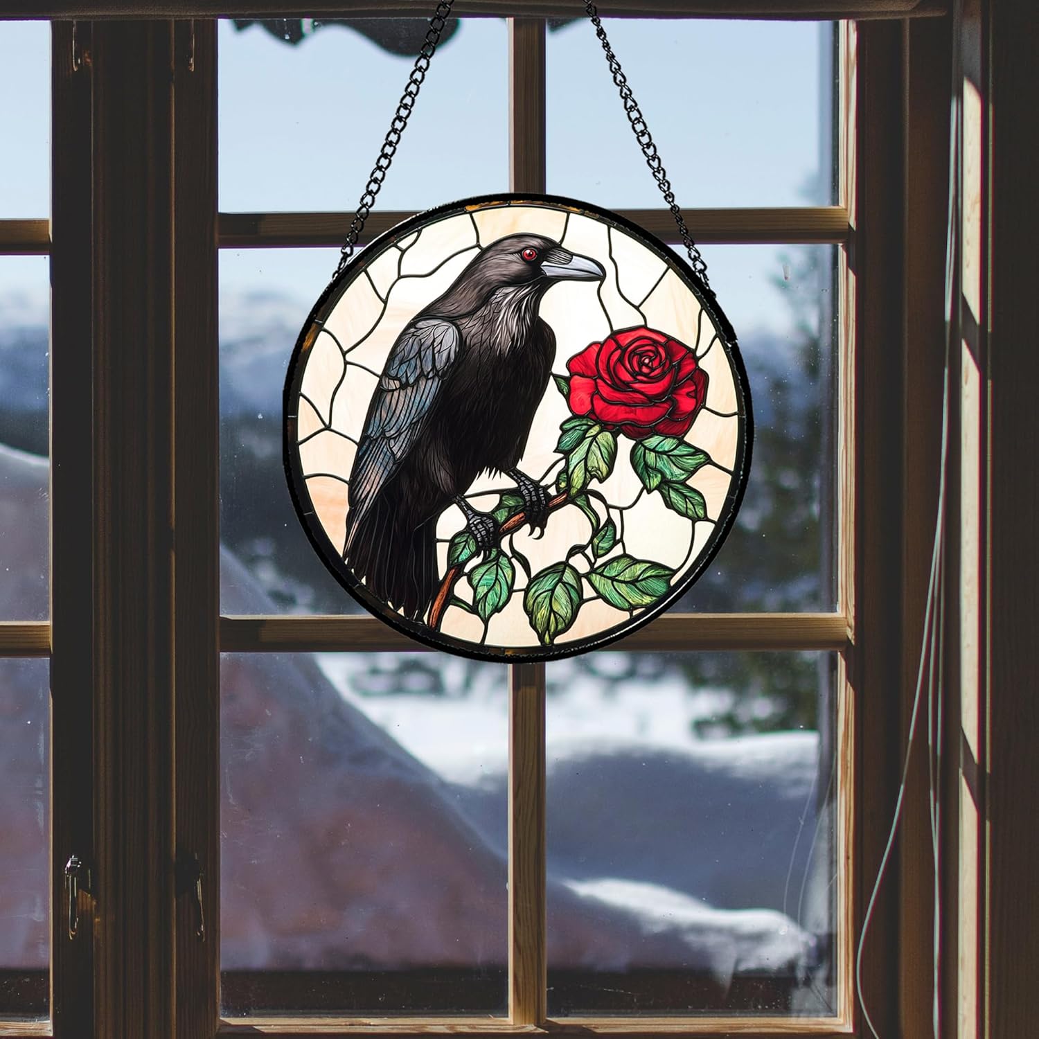 Stained Glass Window Hanging - Black Crow Red Rose Suncatcher for Doors Garden Patio Bird Sun Catchers Decor Christmas Mother's Day Birthday Gifts for Women Men Mom Nana Friend 11.8 in