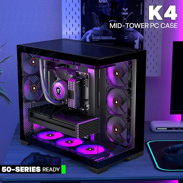 PCZZOI PC CASE ATX 5 Fans Pre-Installed, Type-C Mid Tower Computer Case with Full-View Dual Tempered Glass, Gaming PC Case,Black,K4(2026 Update Version) - 3