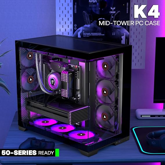 KEDIERS PC CASE ATX 5 Fans Pre-Installed, Type-C Mid Tower Computer Case with Full-View Dual Tempered Glass, Gaming PC Case,420mm Radiator Support,Black,K4(MAX)