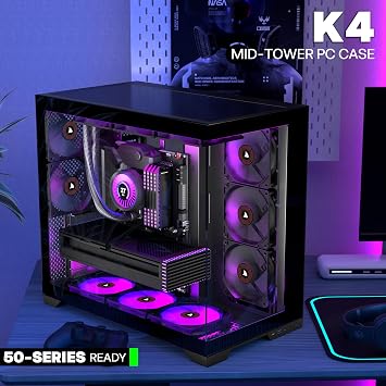 KEDIERS PC CASE ATX 5 Fans Pre-Installed, Type-C Mid Tower Computer Case with Full-View Dual Tempered Glass, Gaming PC Case,420mm Radiator Support,Black,K4(MAX)