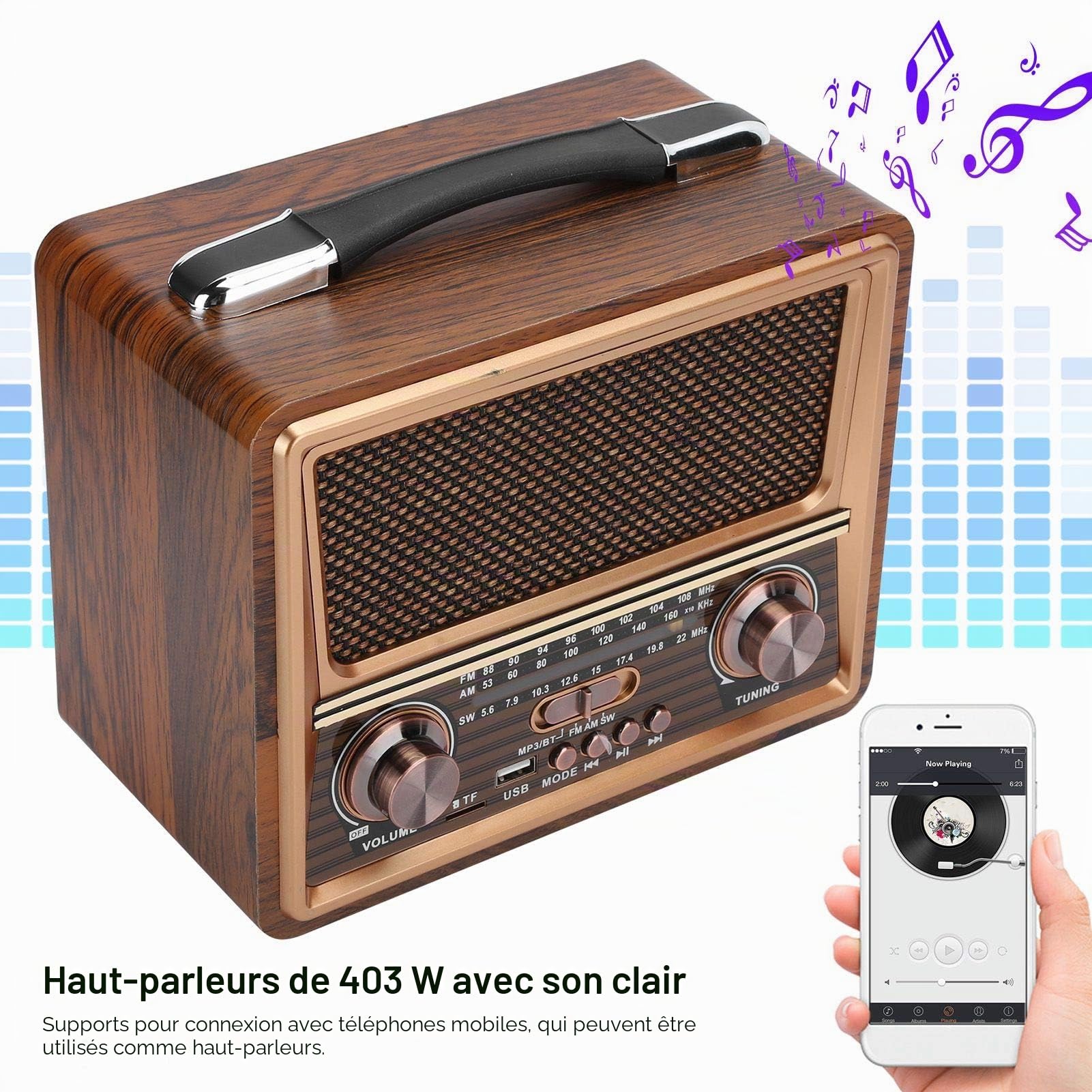 T osuny Radio FM/AM/SW Rétro Bois Radio Lecture Bluetooth Haut-Parleur 3W Lecteur MP3 Enceinte sans Fil Portable Bois Rechargeable Cadeau pour Les Parents (220V)