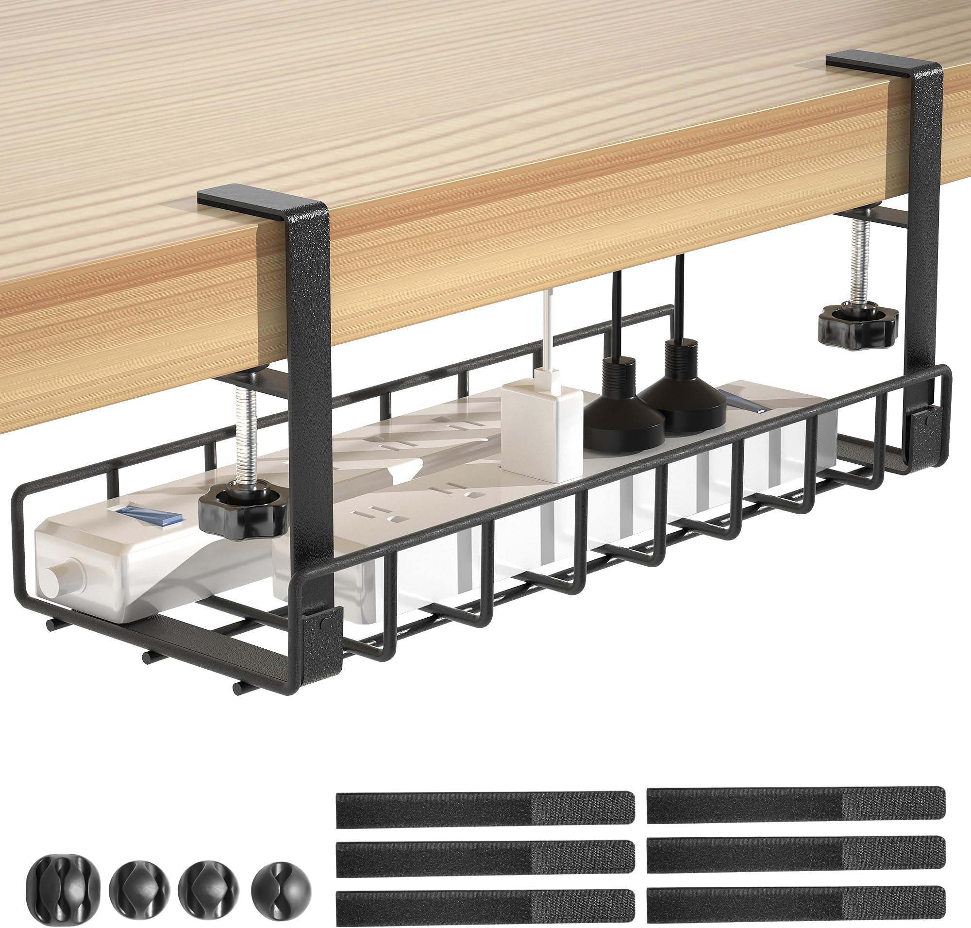 Under Desk Cable Management Tray, Xpatee Upgraded Wire Management No Drill No Screws, Cable Tray with Clamp for Wire Organizers, Computer Cord Rack for Office, Home - No Damage to Desk Black