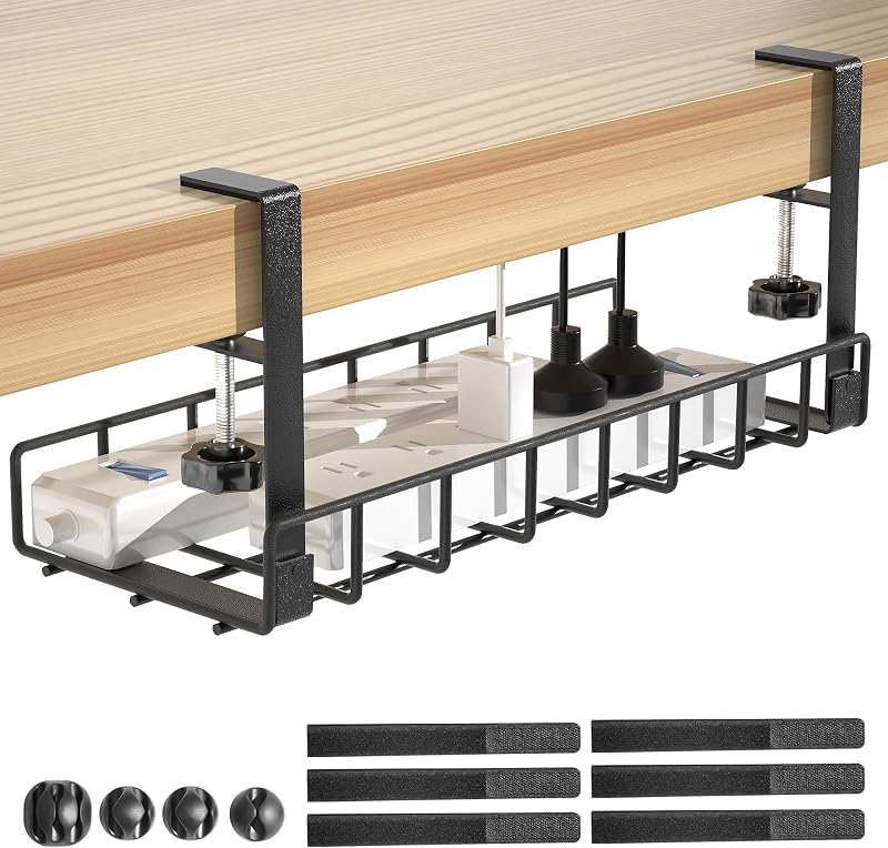 Bandeja de gestión de cables debajo del escritorio, Xpatee gestión de cables mejorada, sin taladro, sin tornillos, bandeja de cables con abrazadera para organizadores de cables, estante para cables de computadora para oficina, hogar, sin daños al escritorio, color negro