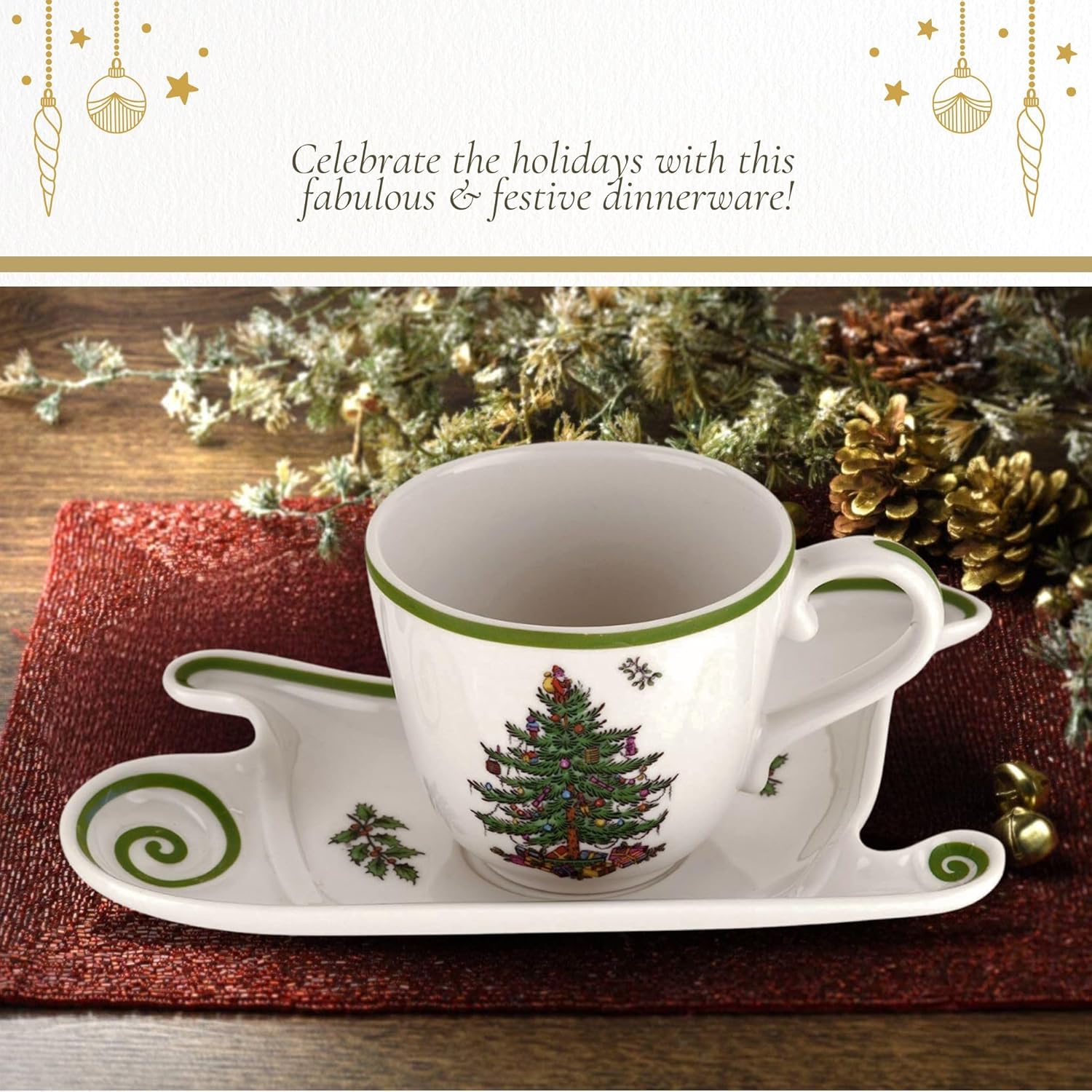 Spode Christmas Tree Large Coffee Mug with Saucer, Jumbo Teacup, 18oz Cup with Sleigh-Shaped Plate, Festive Holiday Serveware & Tableware, Christmas Gift & Holiday Keepsake for Tea & Coffee Lovers