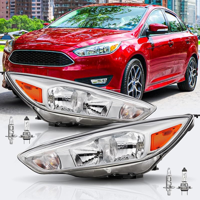 Headlights with Bulbs for 2015 2016 2017 2018 Ford Focus W/O DRL | Chrome Housing Amber Reflector, Halogen Headlamps Driver and Passenger Side Pair