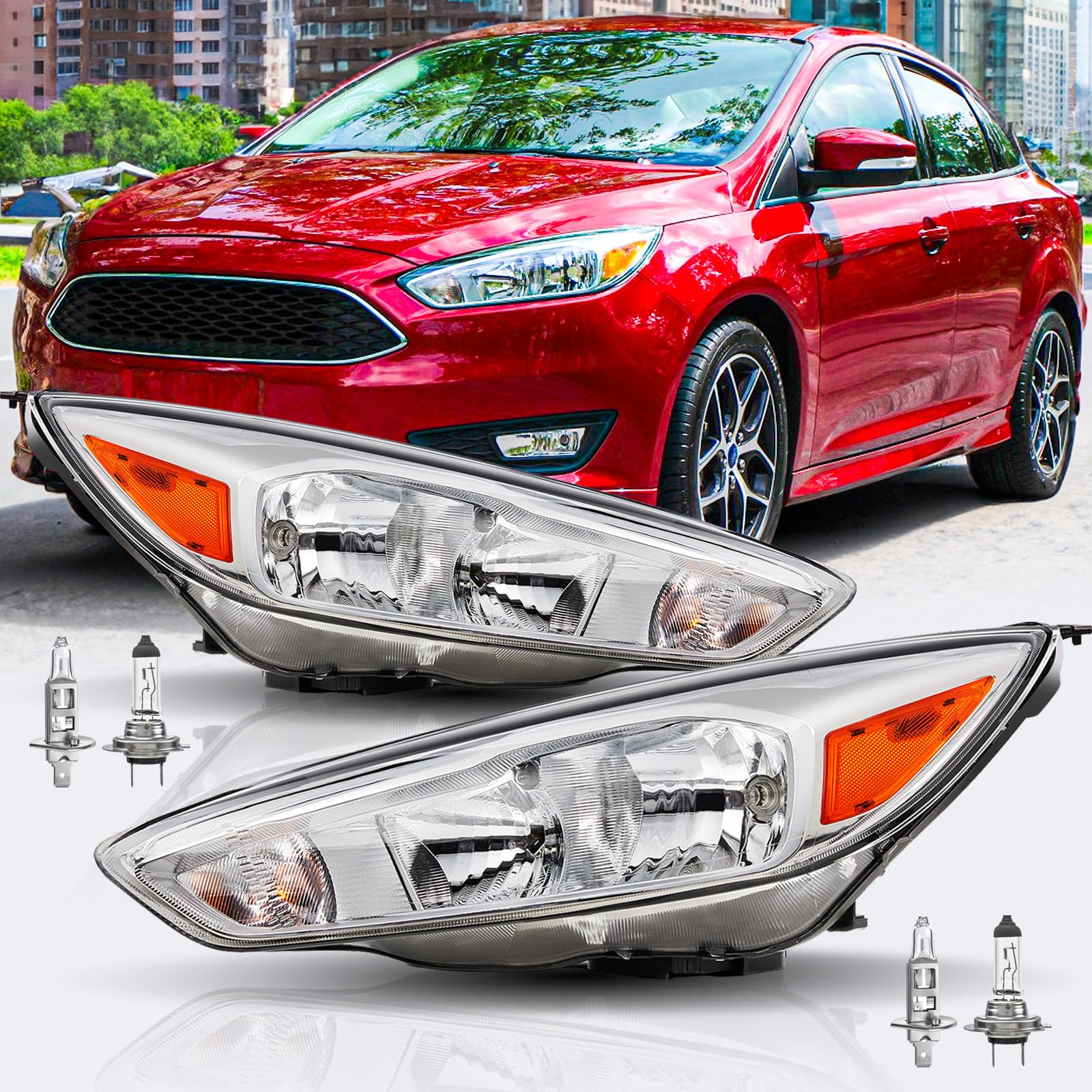 Headlights with Bulbs for 2015 2016 2017 2018 Ford Focus W/O DRL