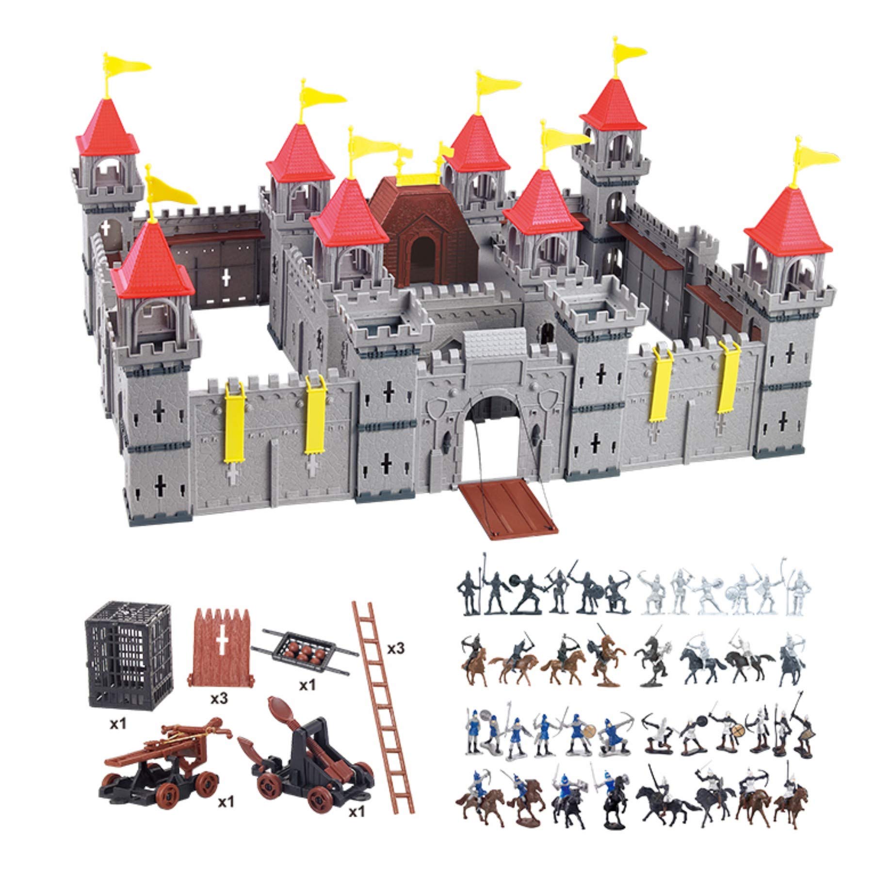 Große Ritterburg Kinder Spielset mit Figuren & Zubehör – Mittelalter Burg Spielzeug ab 3 Jahre – inkl. Ritter, Pferde, Fahnen & Leitern – Stecksystem Kunststoff – Indoor & Outdoor – 72x50x33 cm
