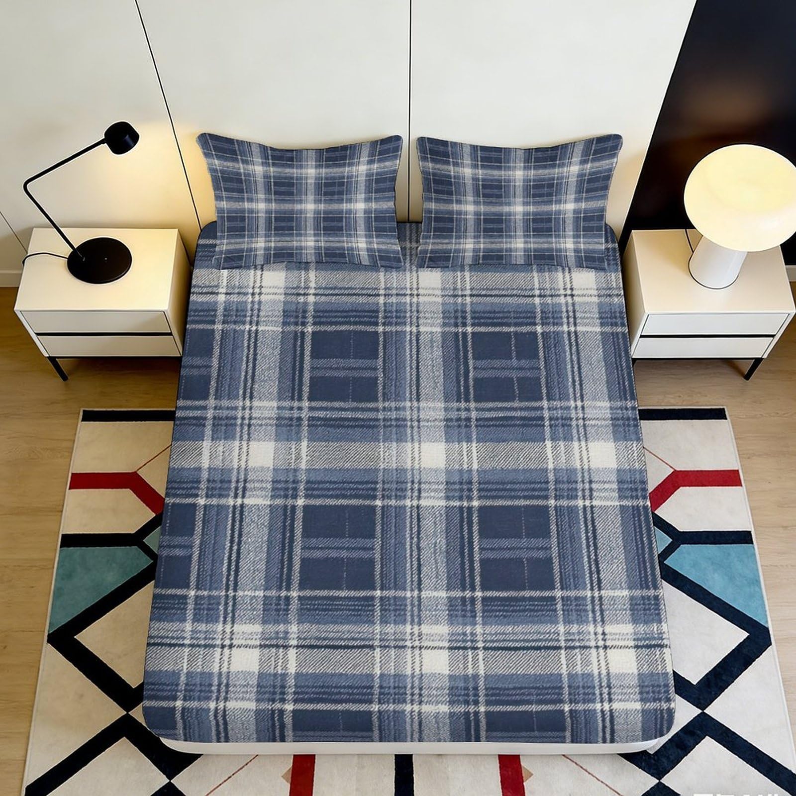 3D Printed Blue Plaid Fitted Sheet Microfiber Soft Bedroom Decor Check Pattern Mattress Cover Adult Teen 90x200x25cm