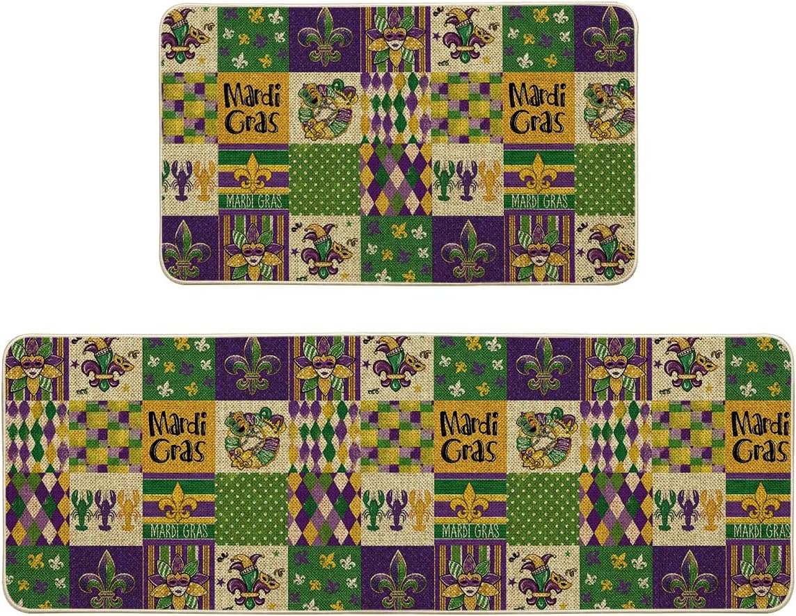 Artoid Mode Buffalo Plaid Doughnut Beads Lobster Mardi Gras Kitchen Mats Set of 2, Carnival Home Decor Low-Profile Kitchen Rugs for Floor - 17x29 and 17x47 Inch