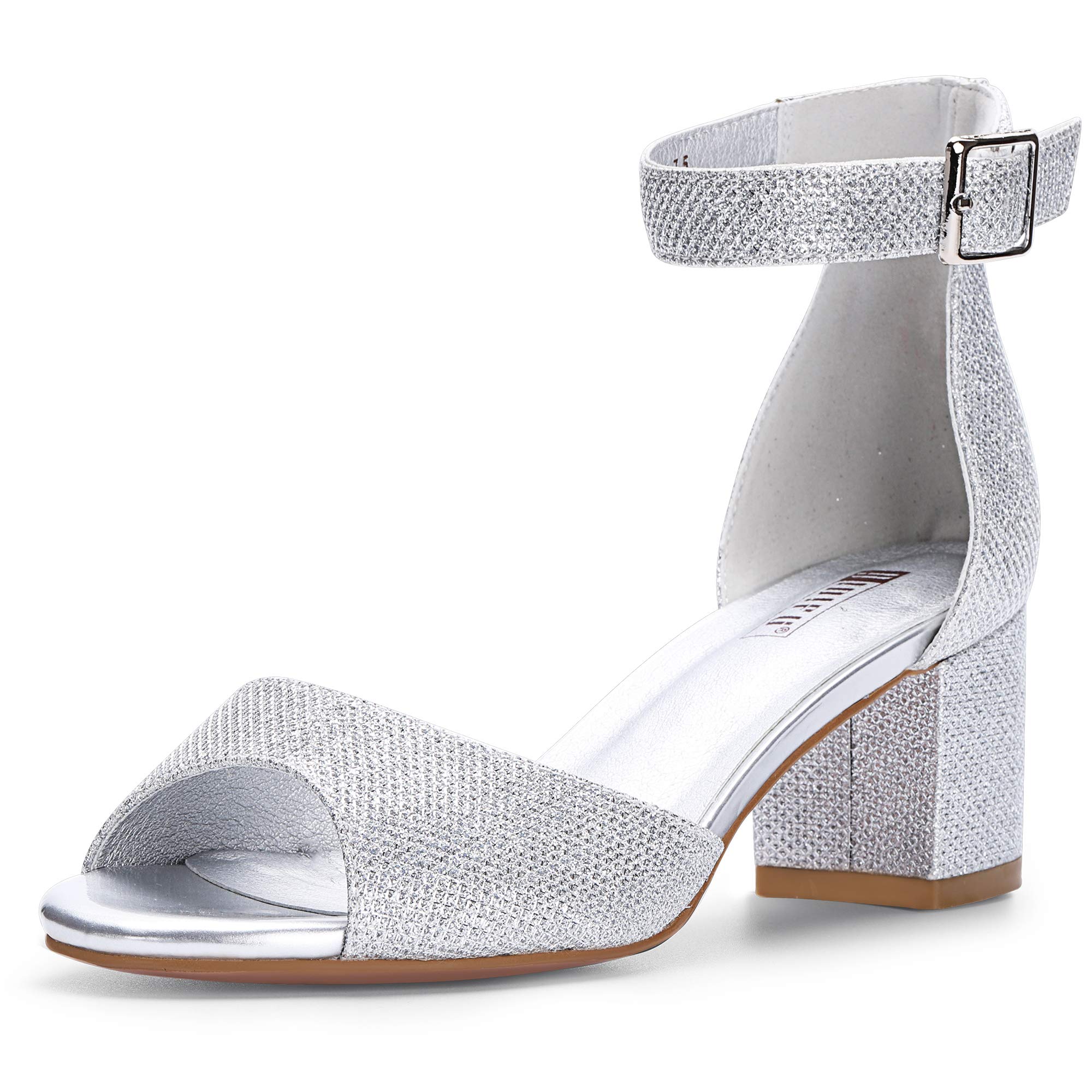 IDIFUWomen's Candie Low Block Heels Sandals Peep Toe Chunky Ankle Strap Wedding Dress Shoes