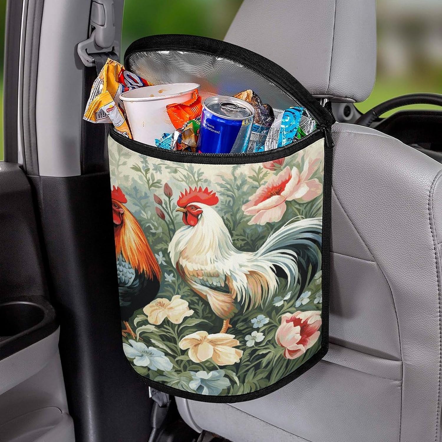 Rooster Car Trash Can with Lid Leak Proof Automotive Garbage Can Large Capacity Vehicle Trash Bin Waterproof Truck Garbage Bag Portable Garbage Bin Multipurpose Car Organizer
