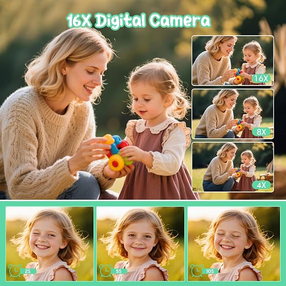 Digital Camera 1080P 44MP Vlogging Camera for Kids Teens, FHD Compact Portable Photo Camera with 2.4 Screen 16X Zoom, Anti-shake Mini Camera for Beginners Students Boys Girls-Green（No SD Card)