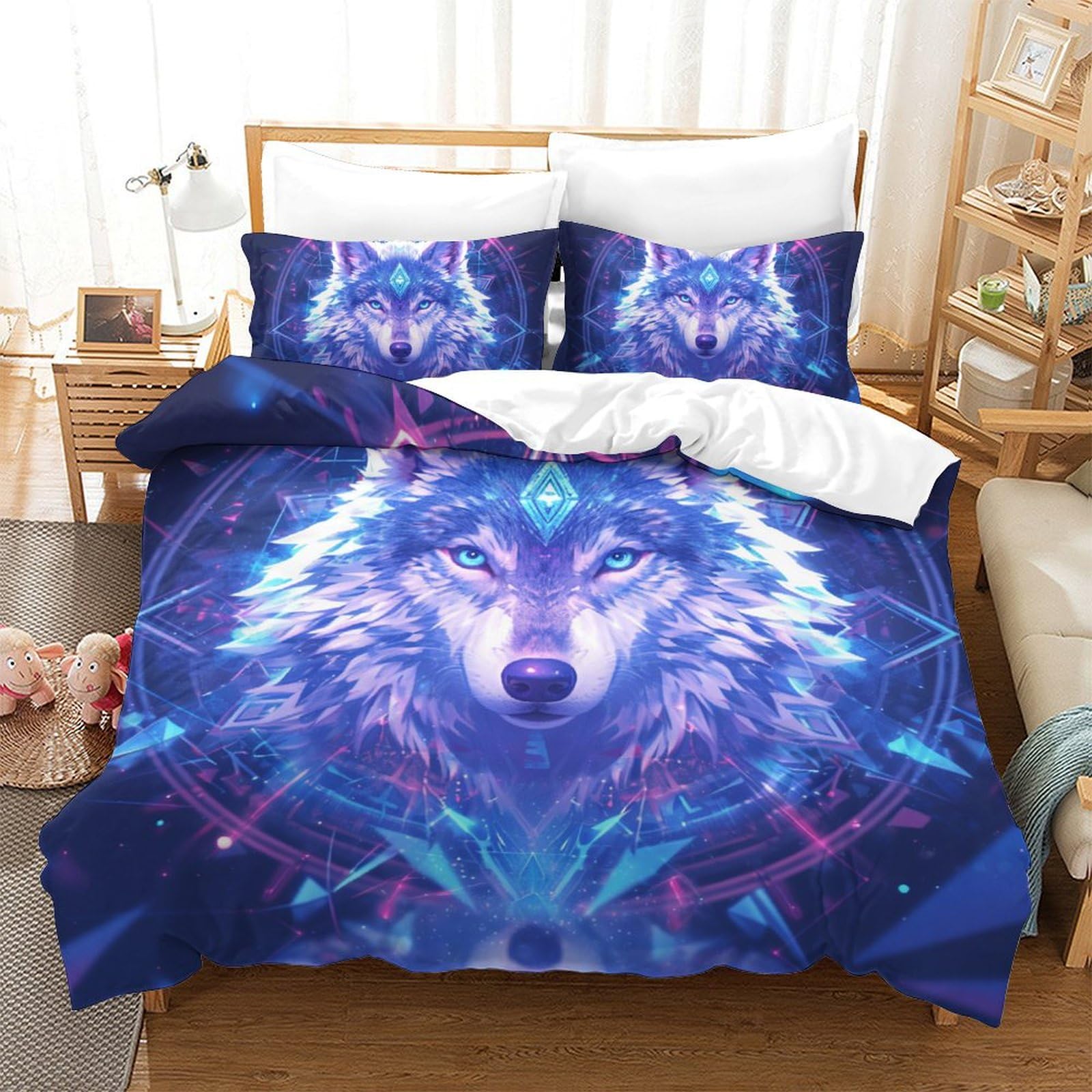 Parure de lit loup 3D en microfibre 3 pièces avec housse de couette et taies d'oreiller 200x200cm
