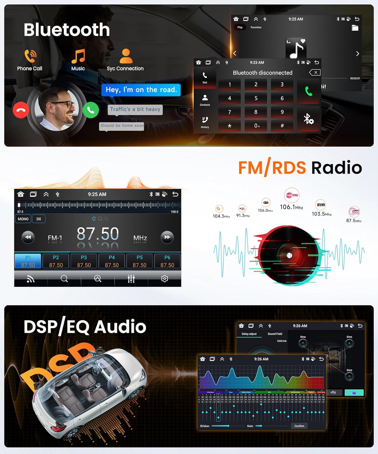 Bluetooth, FM/RDS Radio, and DSP/EQ Audio settings on the car radio
