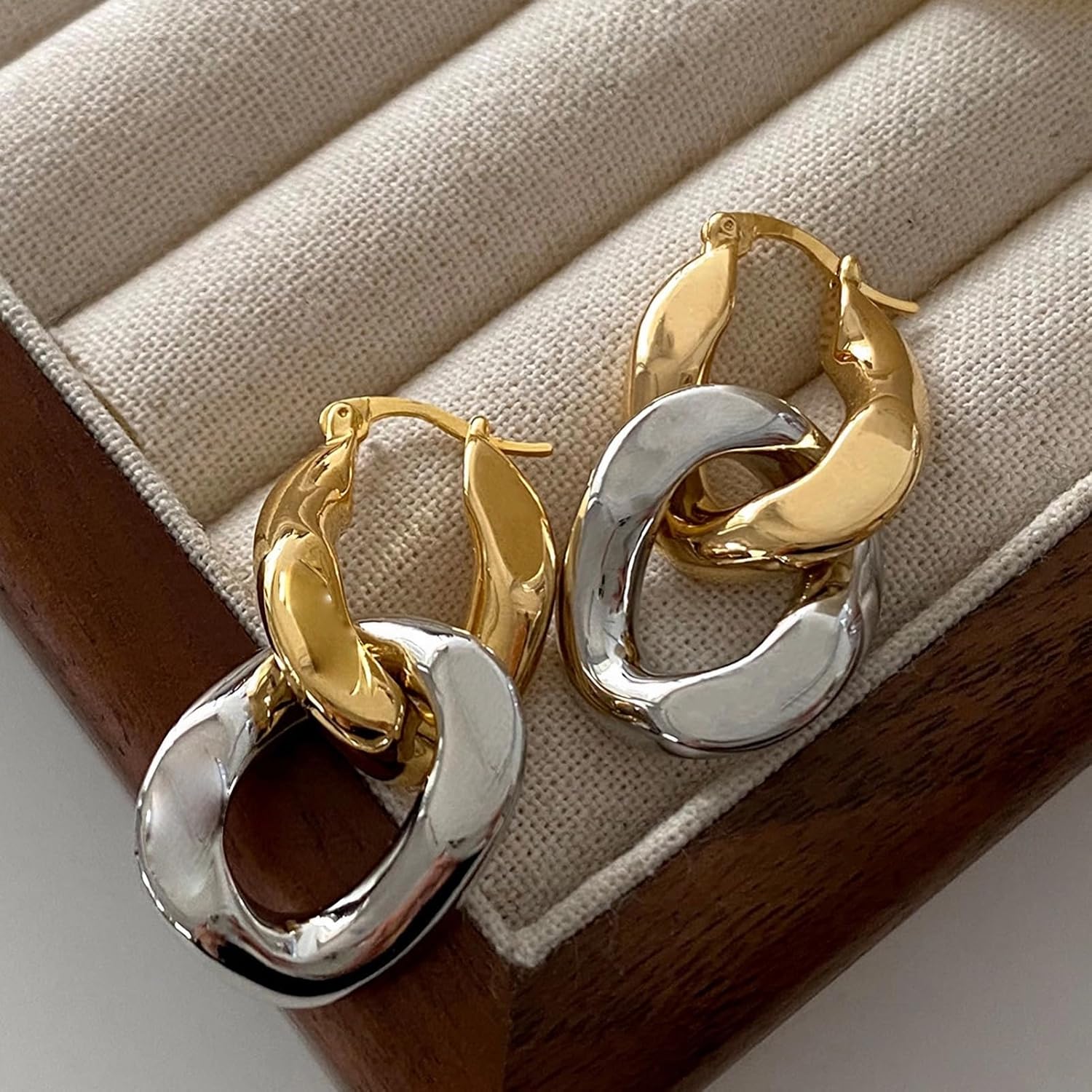 Two Tone Hoop Earrings Cuban Link Chain Earrings Drop Dangle Earrings for Women Chunky Statement Earrings Jewelry - Image 5