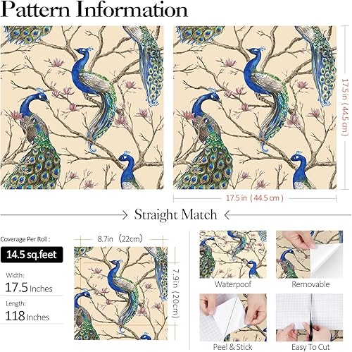 Miniatura 7 de FunStick Vintage Green Blue Peacock Wallpaper Peel and Stick Chinoiserie Beige Floral Branches Bird Wallpaper for Bedroom Bathroom Waterproof Self