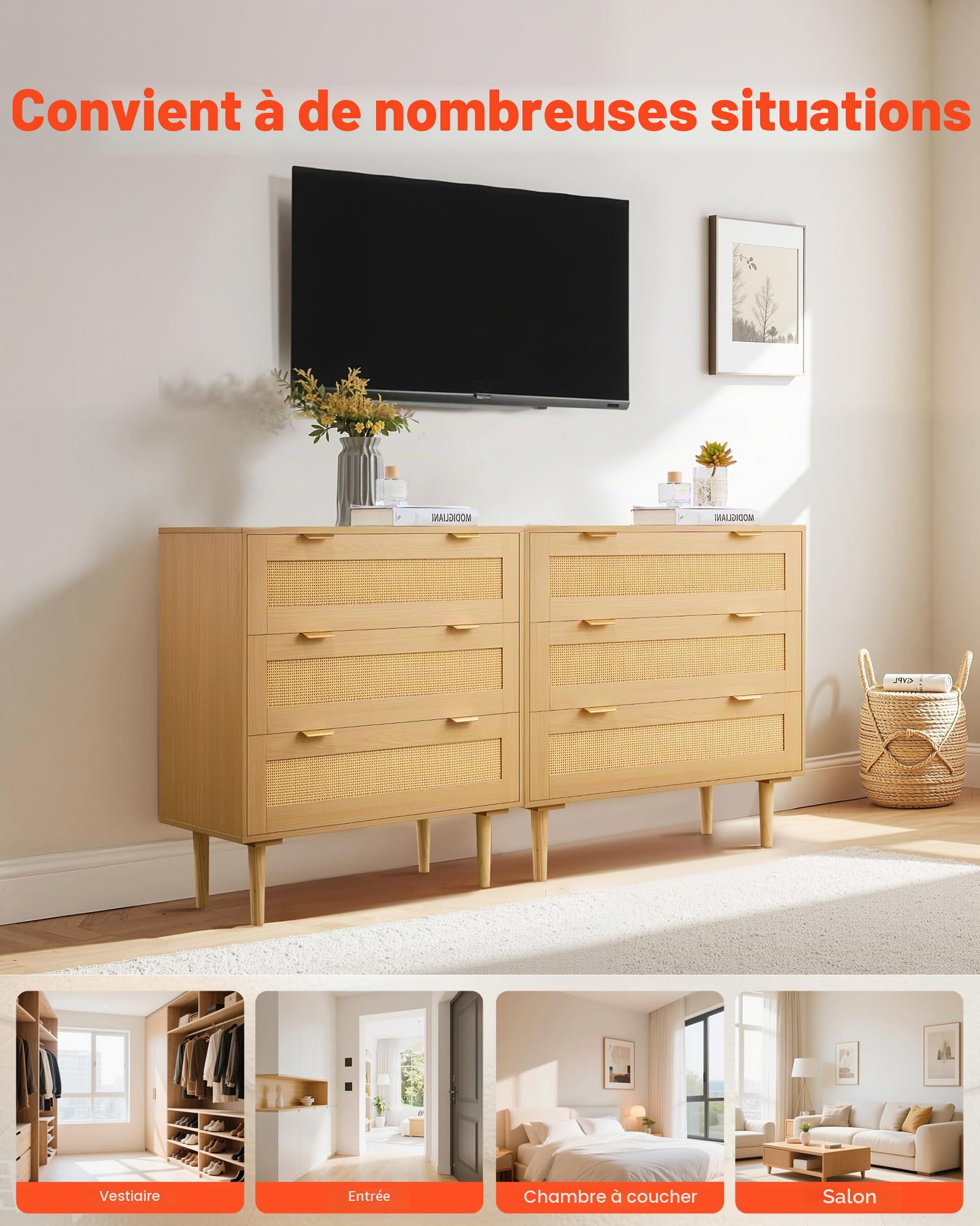 VEVOR Commode en rotin à 3 tiroirs, meuble de rangement avec poignées en métal et pieds en bois, organisateur de vêtements et rangement bohème en bois, armoire pour chambre à coucher, salon ou couloir