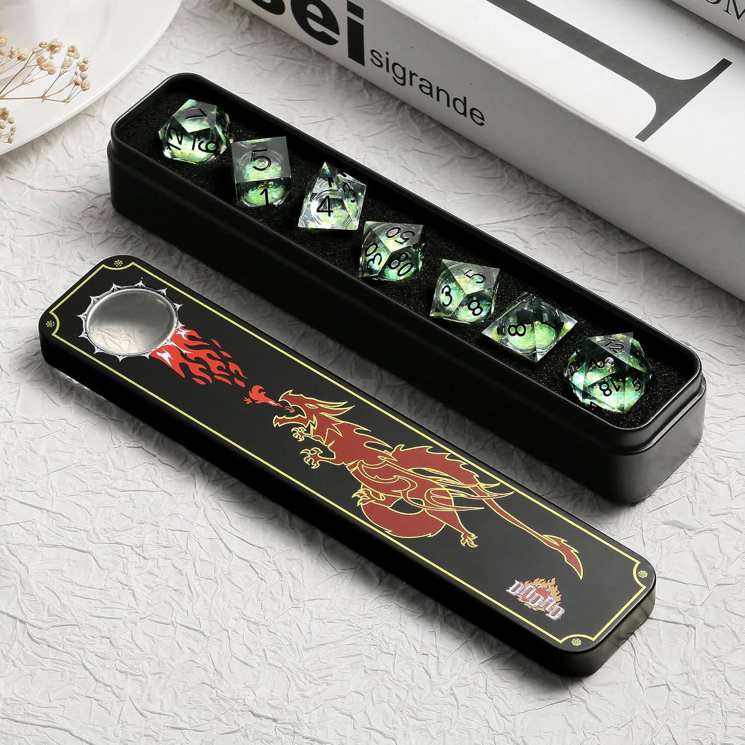 DNDND Luminous Liquid Sharp-Edge Dice Set 7PCS - Clear Resin Polyhedral Dice with Glow-in-the-Dark Green Liquid Orb & Glitter for D&D RPG Table Games （Glow Green