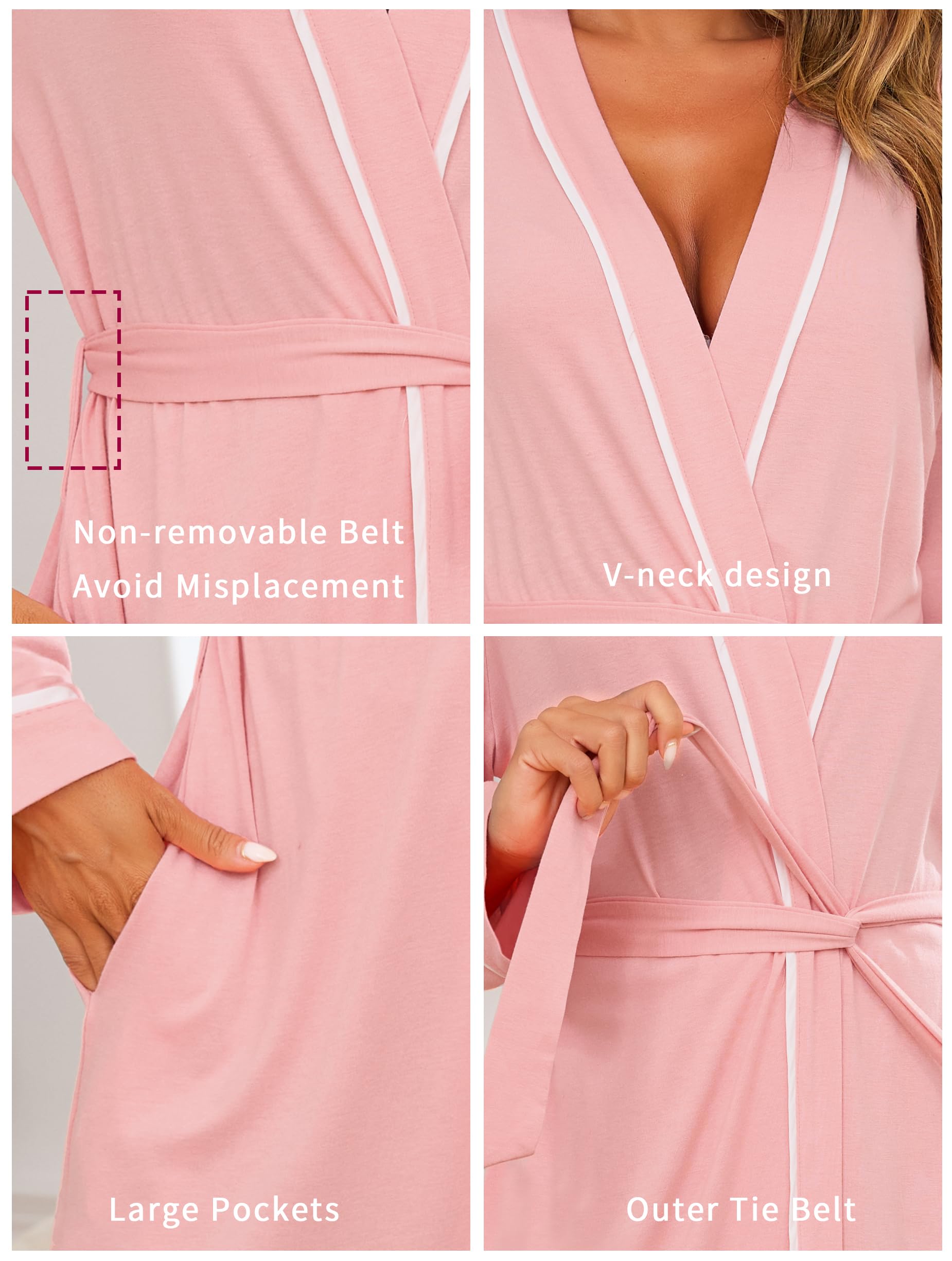 Vlazom Peignoir Femme Long et Confortable Ceinture Adjustable et Bordure à Motifs Blanc Idéal pour la Maison