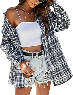 Flannel Buffalo Plaid Shirts for Women Oversized Button Down Shacket Blouse Tops