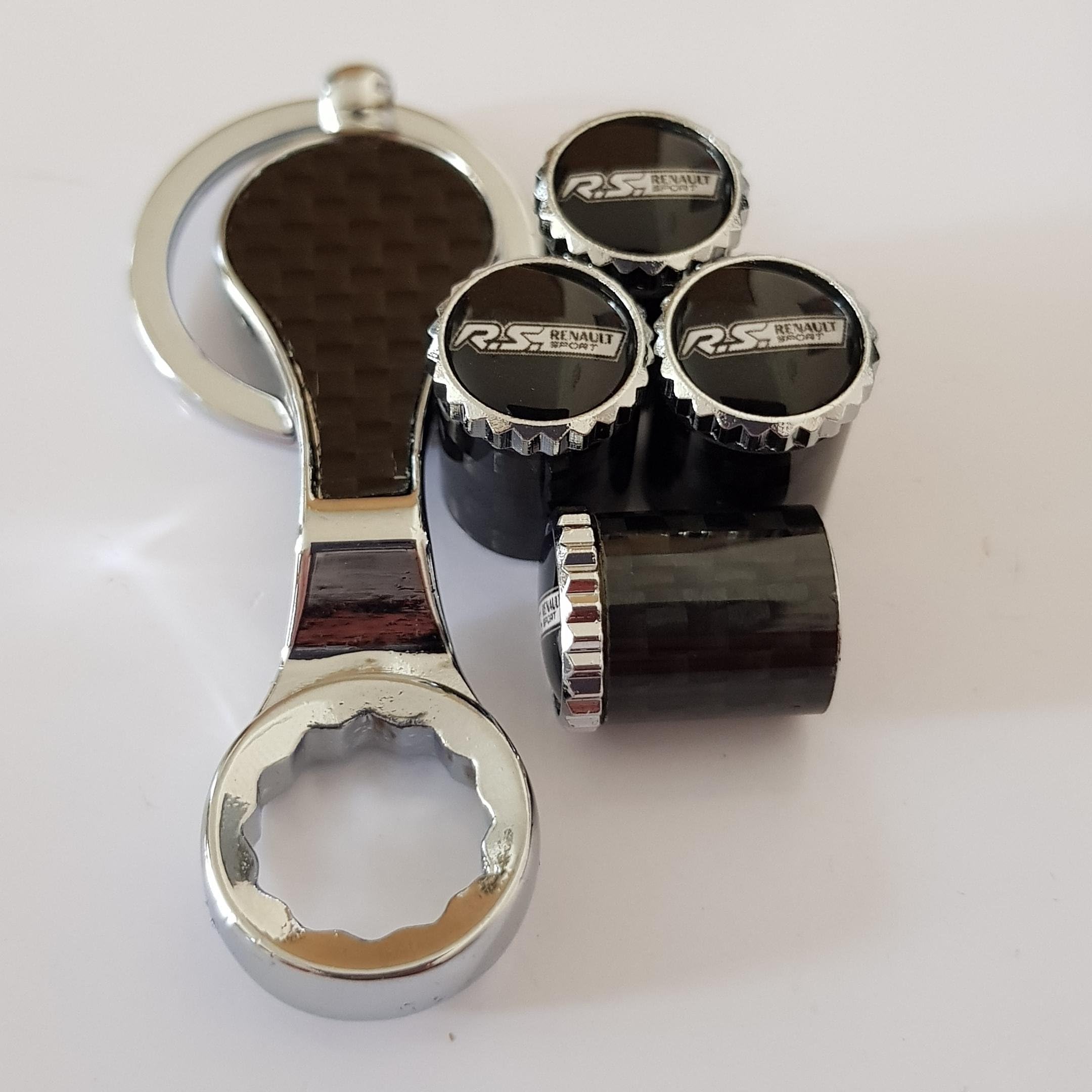 eur1 R.S. RENAULT SPORT CARBON FIBRE DUST VALVE CAPS WITH SPANNER/KEYRING ANTI THEFT PREMIUM PRODUCT IDEAL GIFT/PRESENT ALL MODELS