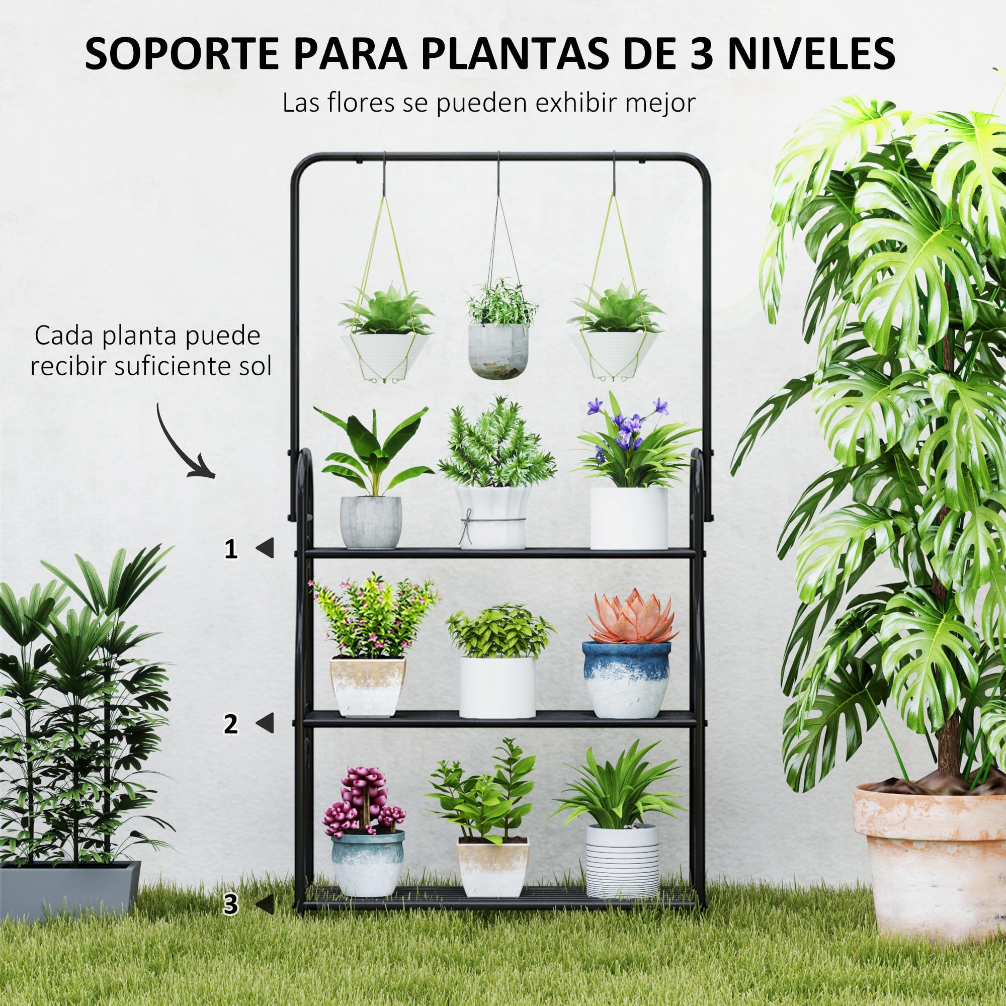 Outsunny Estantería para Plantas de 3 Niveles Soporte para Plantas con Ganchos de Metal Barra para Colgar Soporte para Macetas para Interior y Exterior Negro