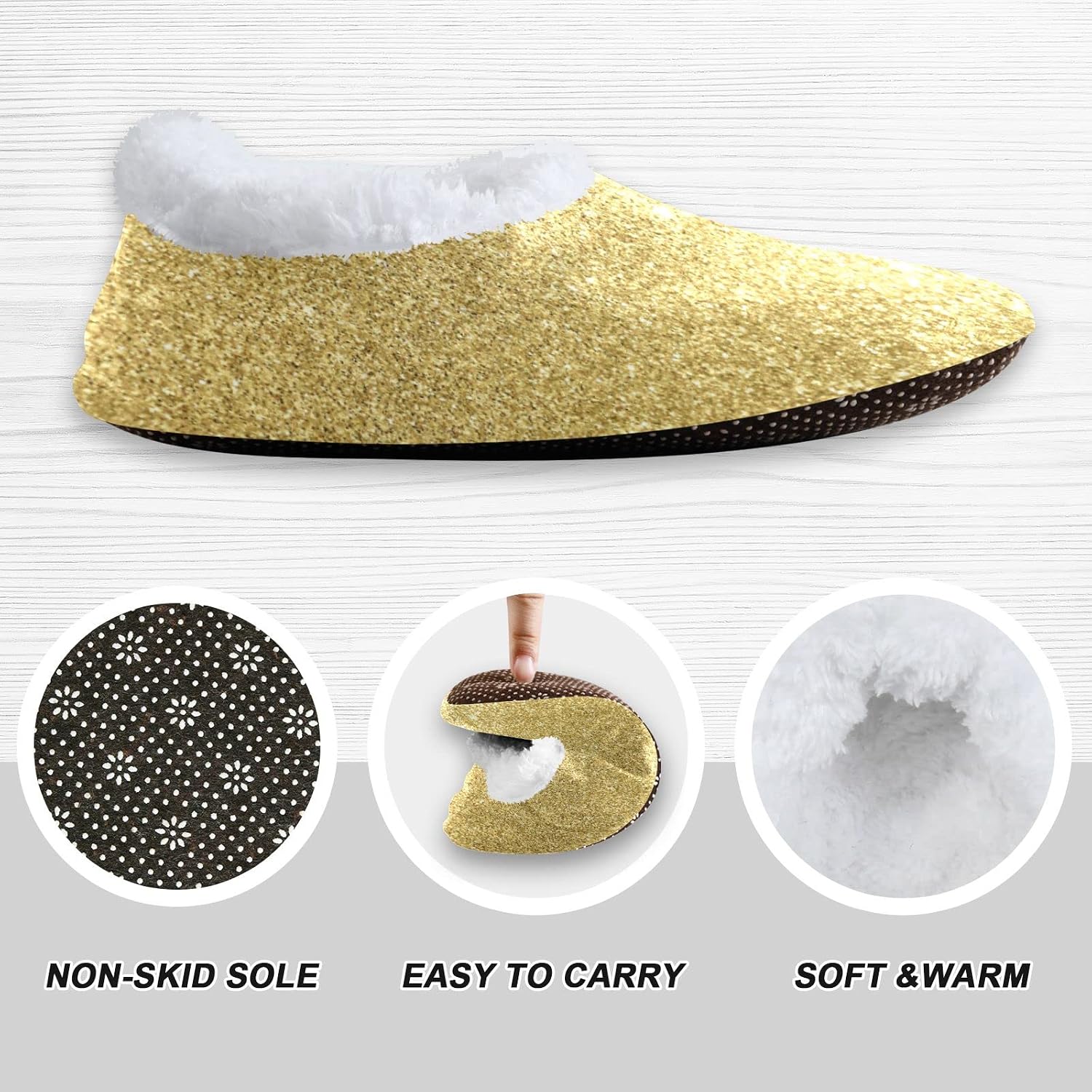 Gredecor Gold Glitter Slippers for Kids Home House Fuzzy Slipper Indoor Soft Plush Fleece Non Slip Casual Shoes for Boys Girls, XS