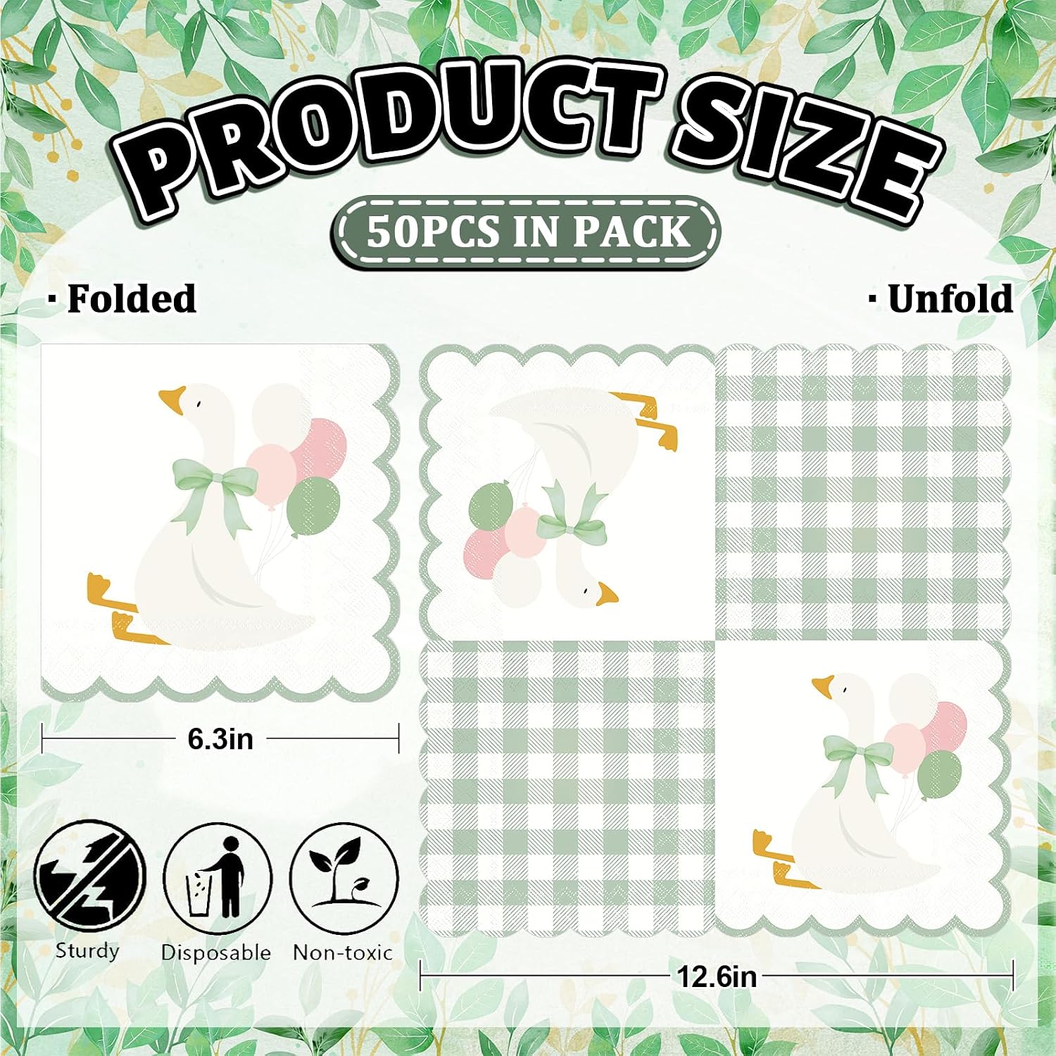 FYSUIMU Silly Goose Scalloped Paper Napkins Sage Green Gingham Plaid Luncheon Napkin Disposable Dessert Dinner Hand Napkin for Baby Shower Birthday Party Supplies, 50 Pcs