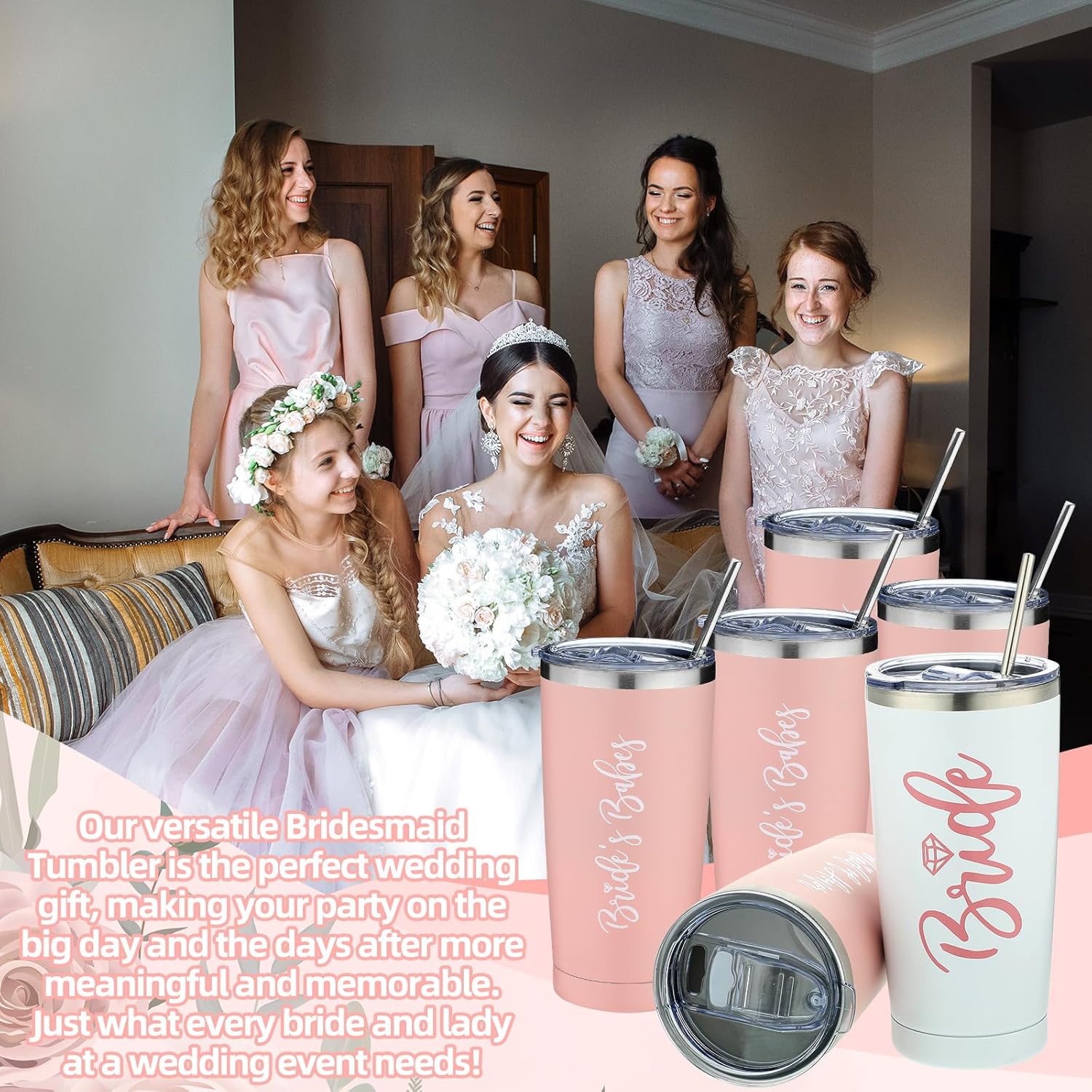 Sabary 6 Pcs Bridesmaid Cups 22 oz Bride Bachelorette Tumbler Gifts Stainless Steel Wine Tumblers with Lid and Straw Vacuum Insulated Bridesmaid Mugs Engagement Wedding Party Gifts Favors